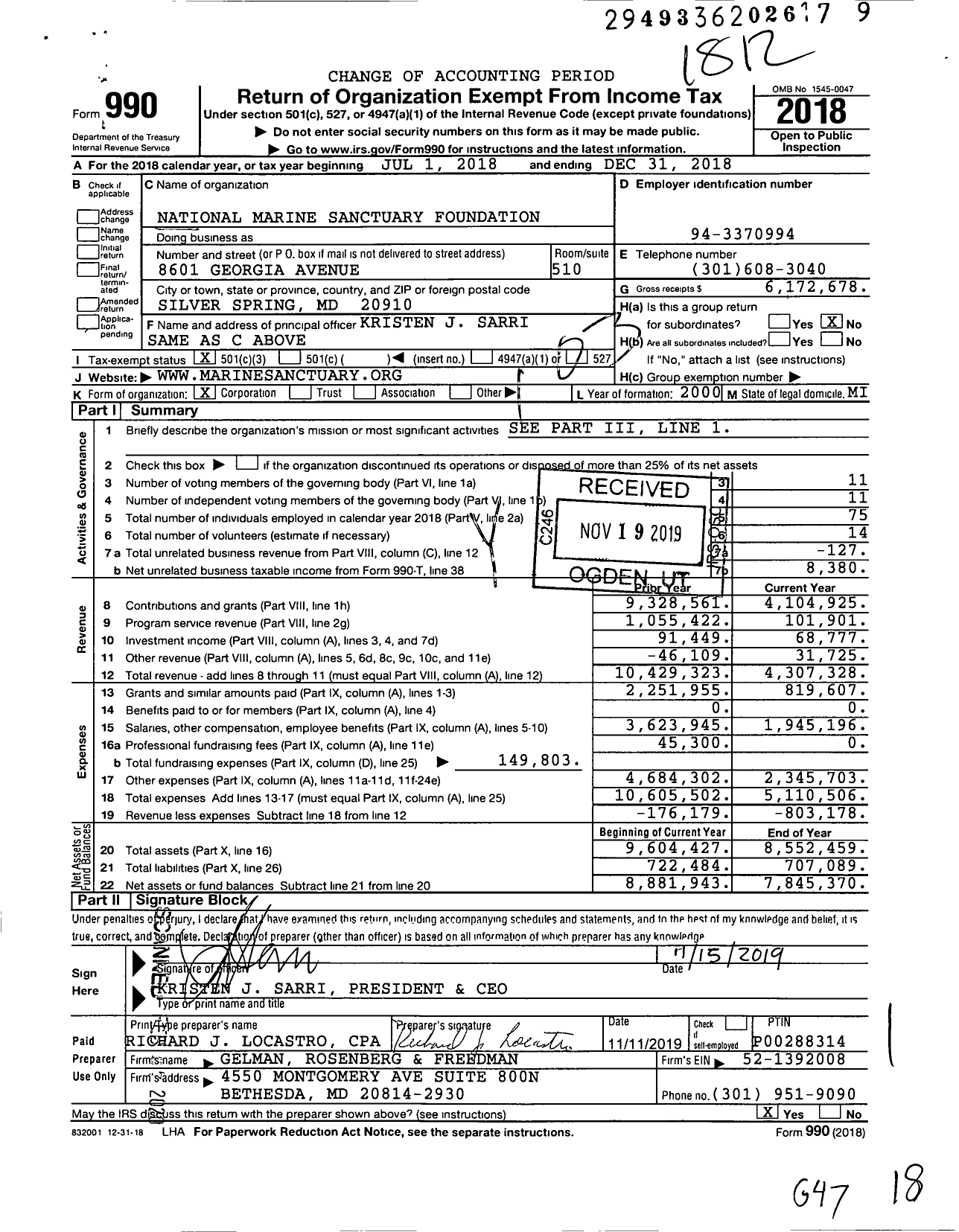 Image of first page of 2018 Form 990 for National Marine Sanctuary Foundation (NMSF)