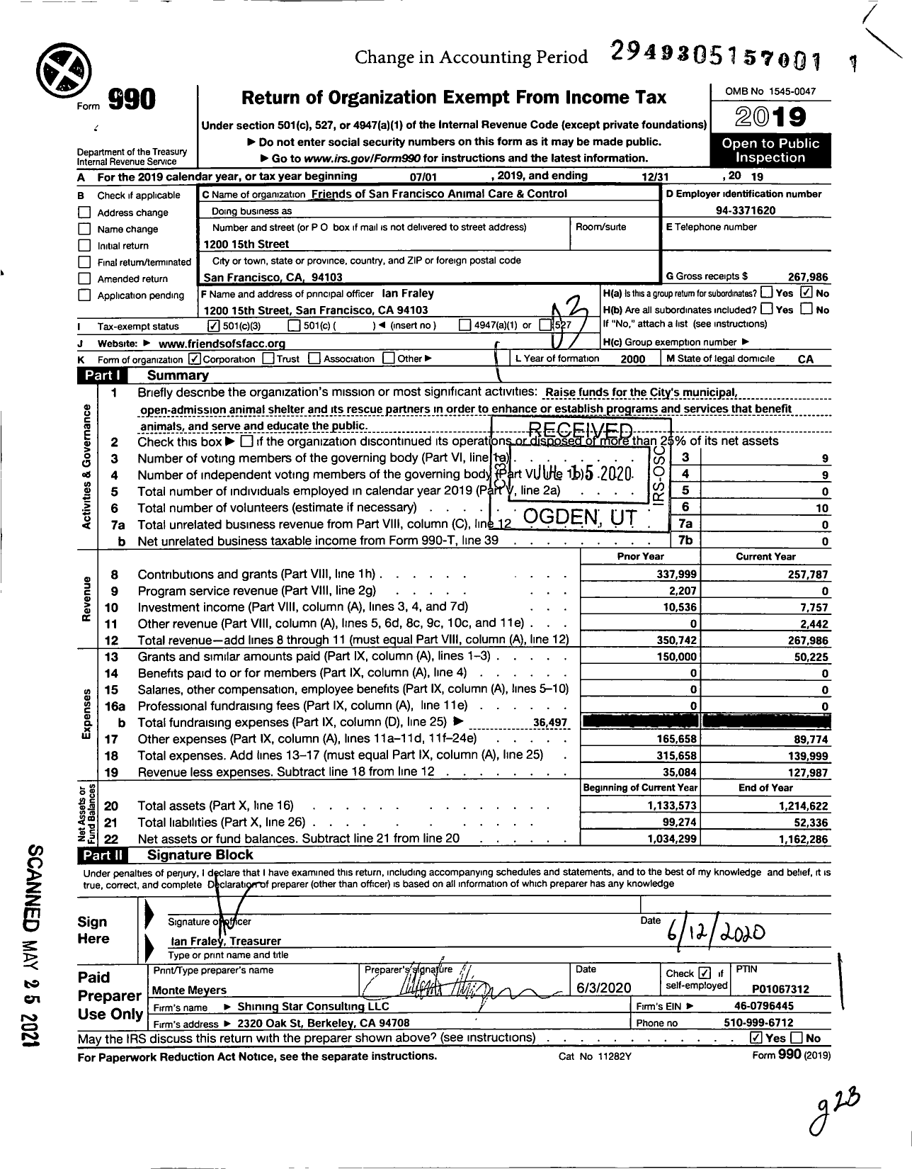 Image of first page of 2019 Form 990 for Friends of San Francisco Animal Care and Control