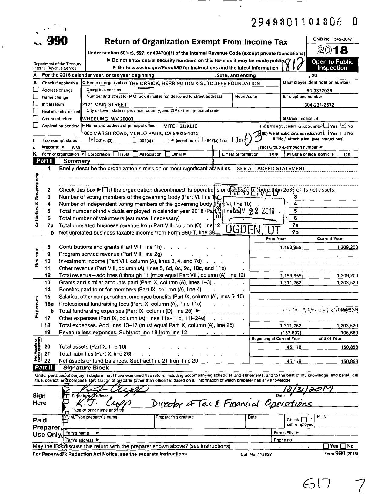 Image of first page of 2018 Form 990 for The Orrick Herrington and Sutcliffe Foundation