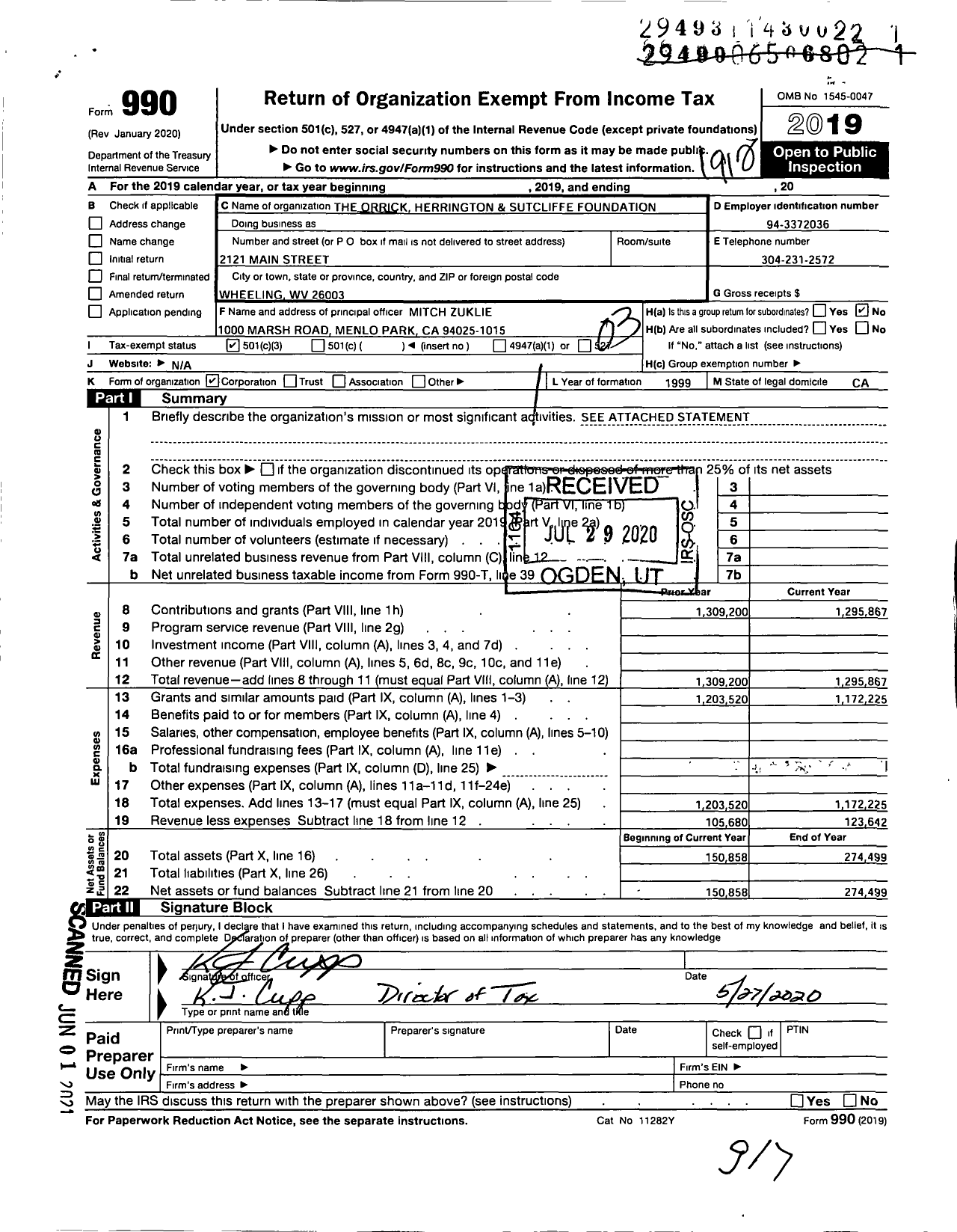 Image of first page of 2019 Form 990 for The Orrick Herrington and Sutcliffe Foundation