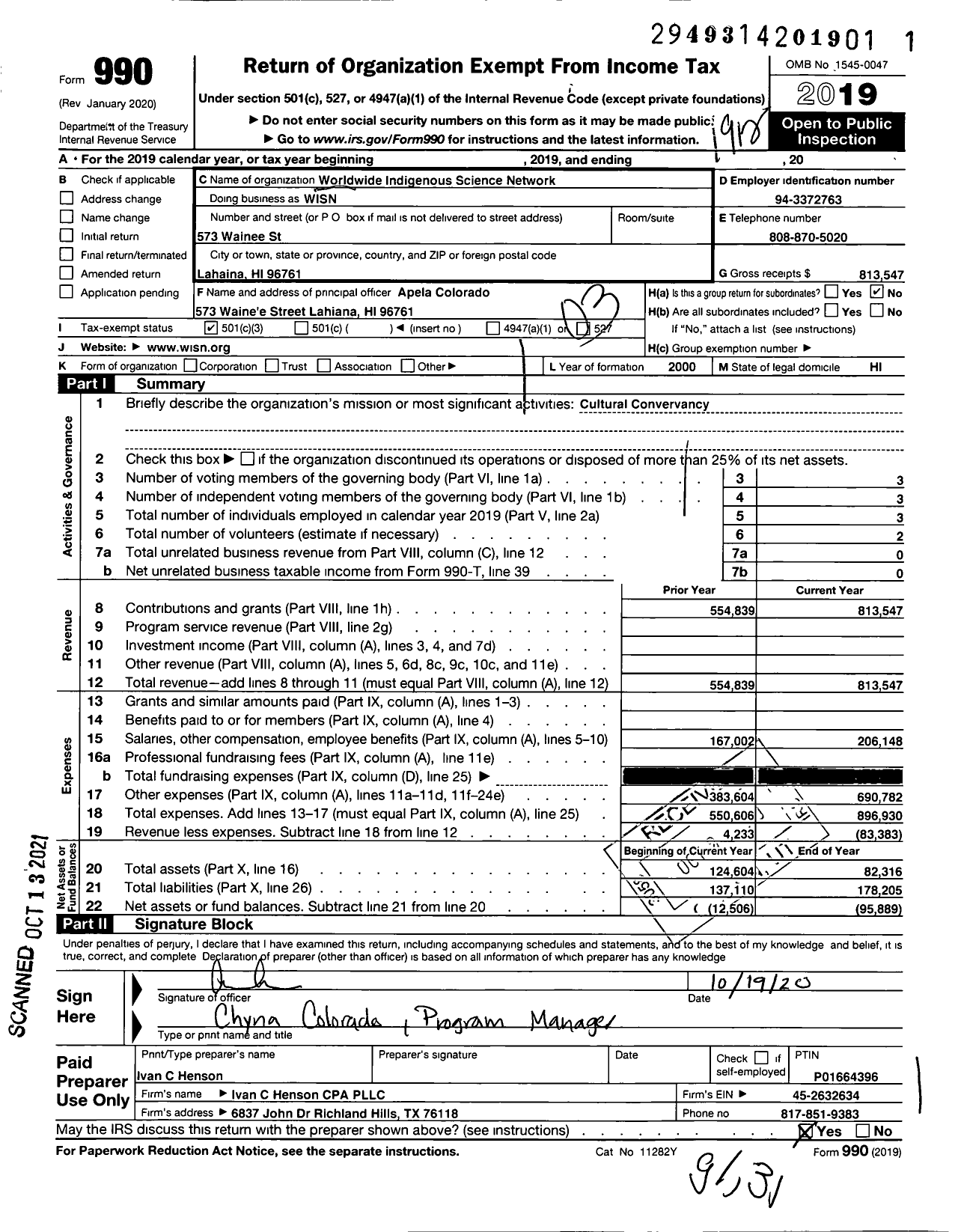 Image of first page of 2019 Form 990 for Worldwide Indigenous Science Network (WISN)