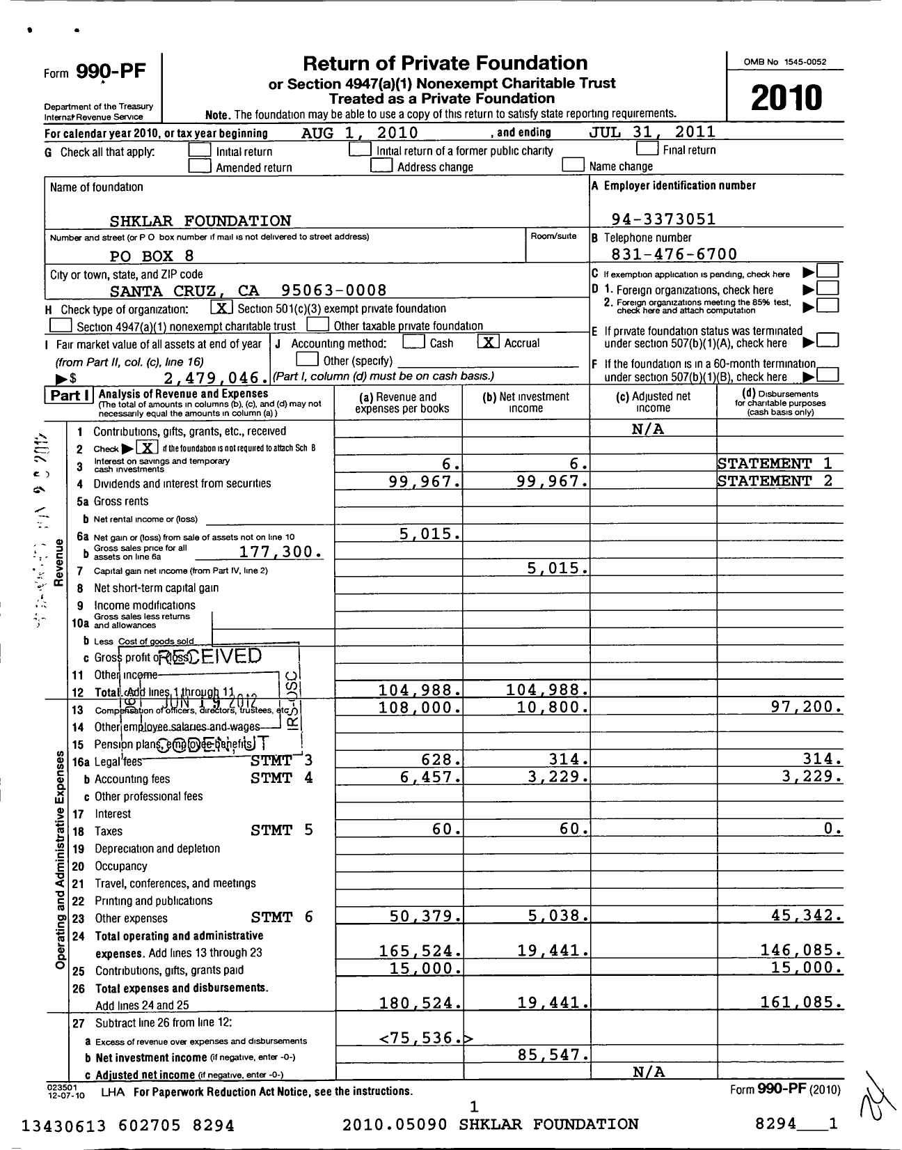 Image of first page of 2010 Form 990PF for Shklar Foundation