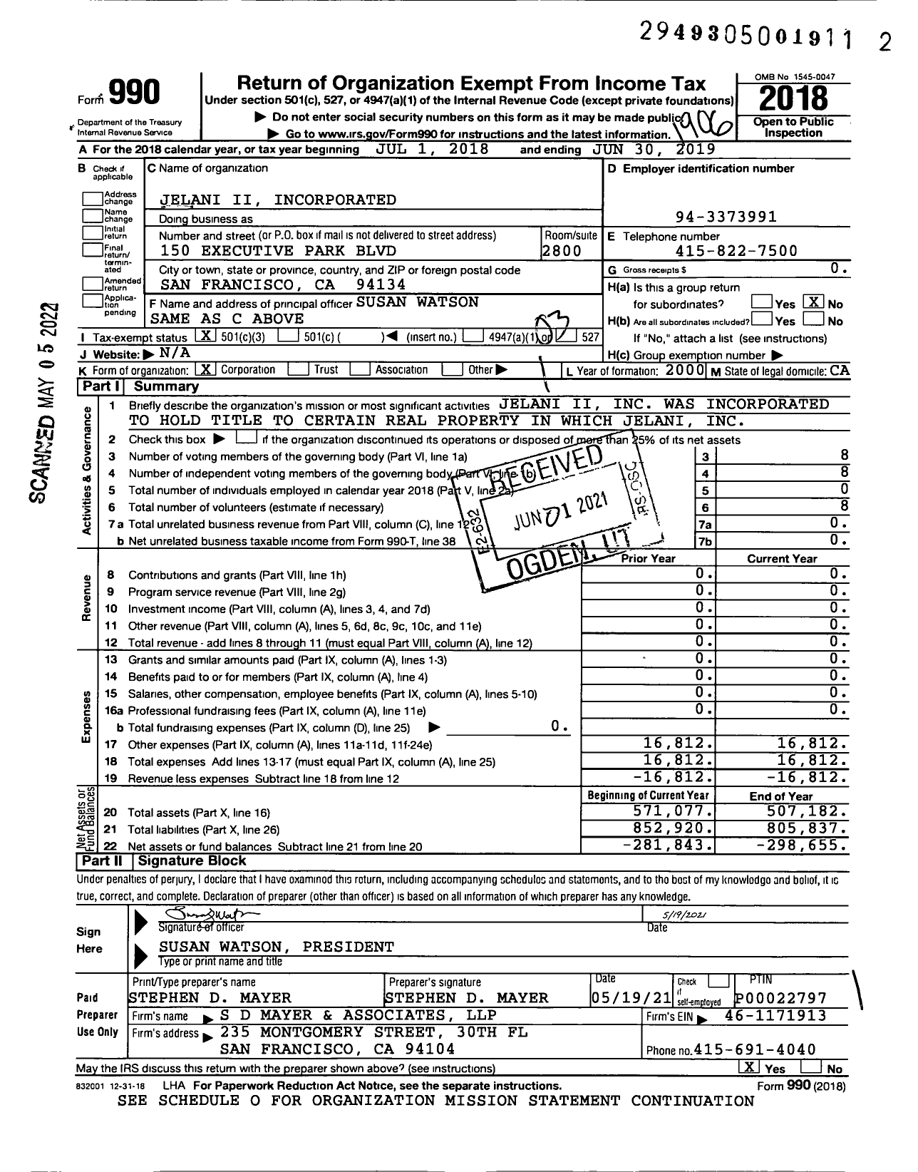 Image of first page of 2018 Form 990 for Jelani Ii Incorporated