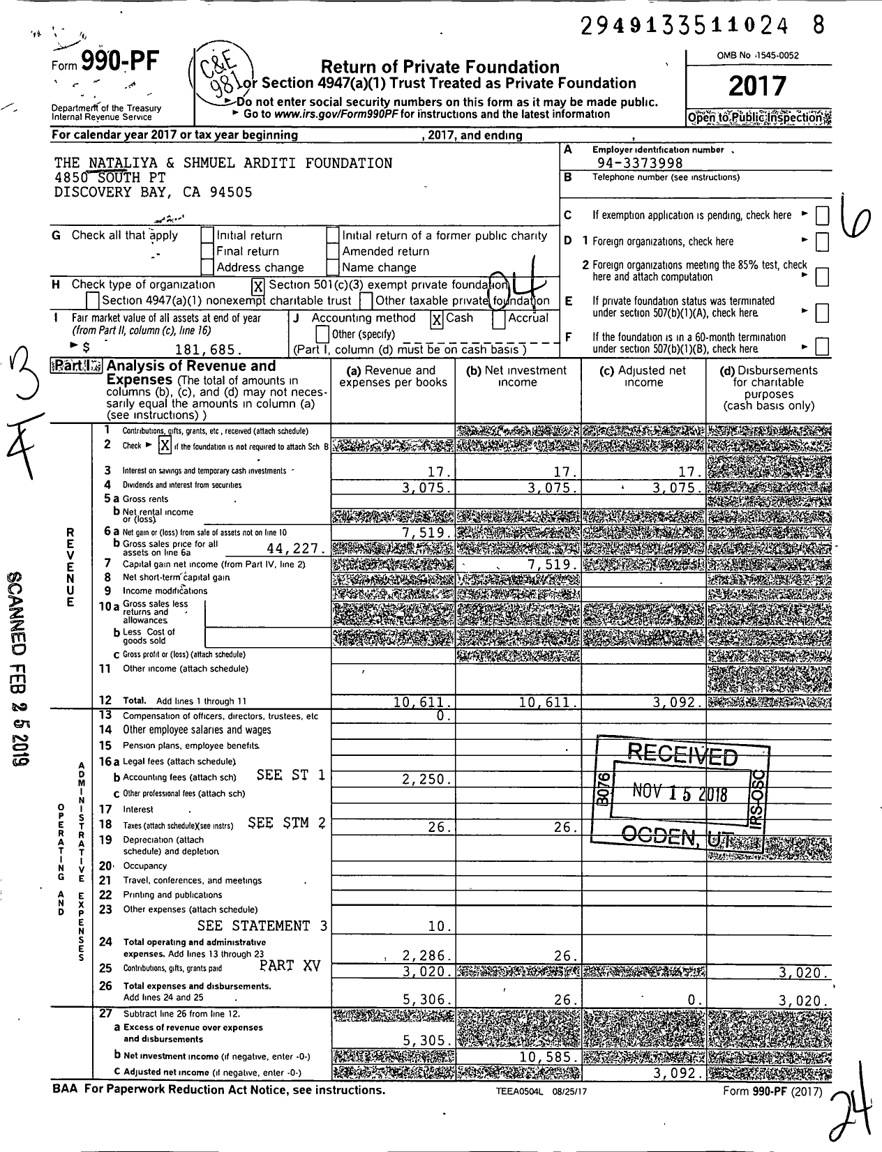 Image of first page of 2017 Form 990PF for Nataliya and Shmuel Arditi Foundation