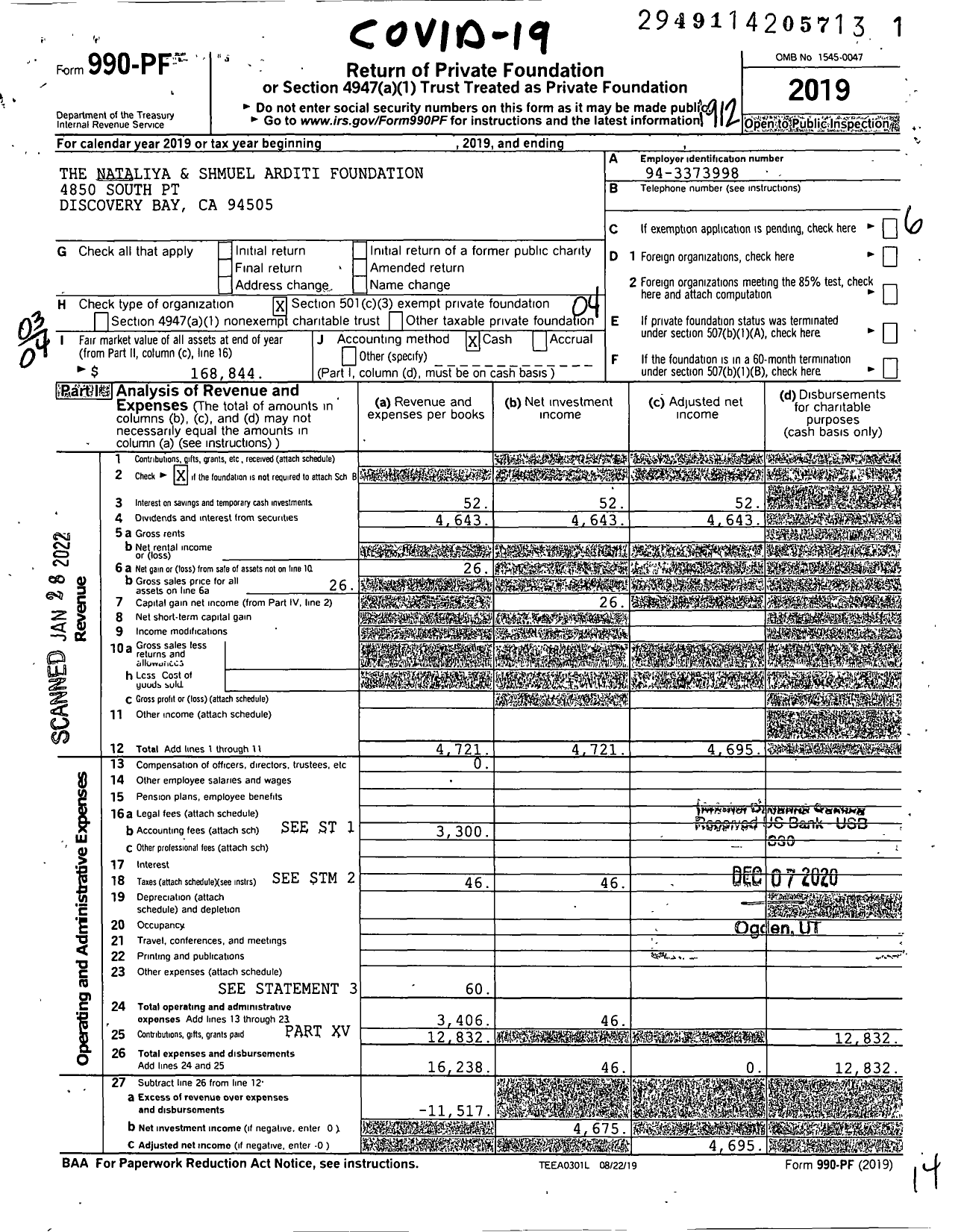 Image of first page of 2019 Form 990PF for Nataliya and Shmuel Arditi Foundation