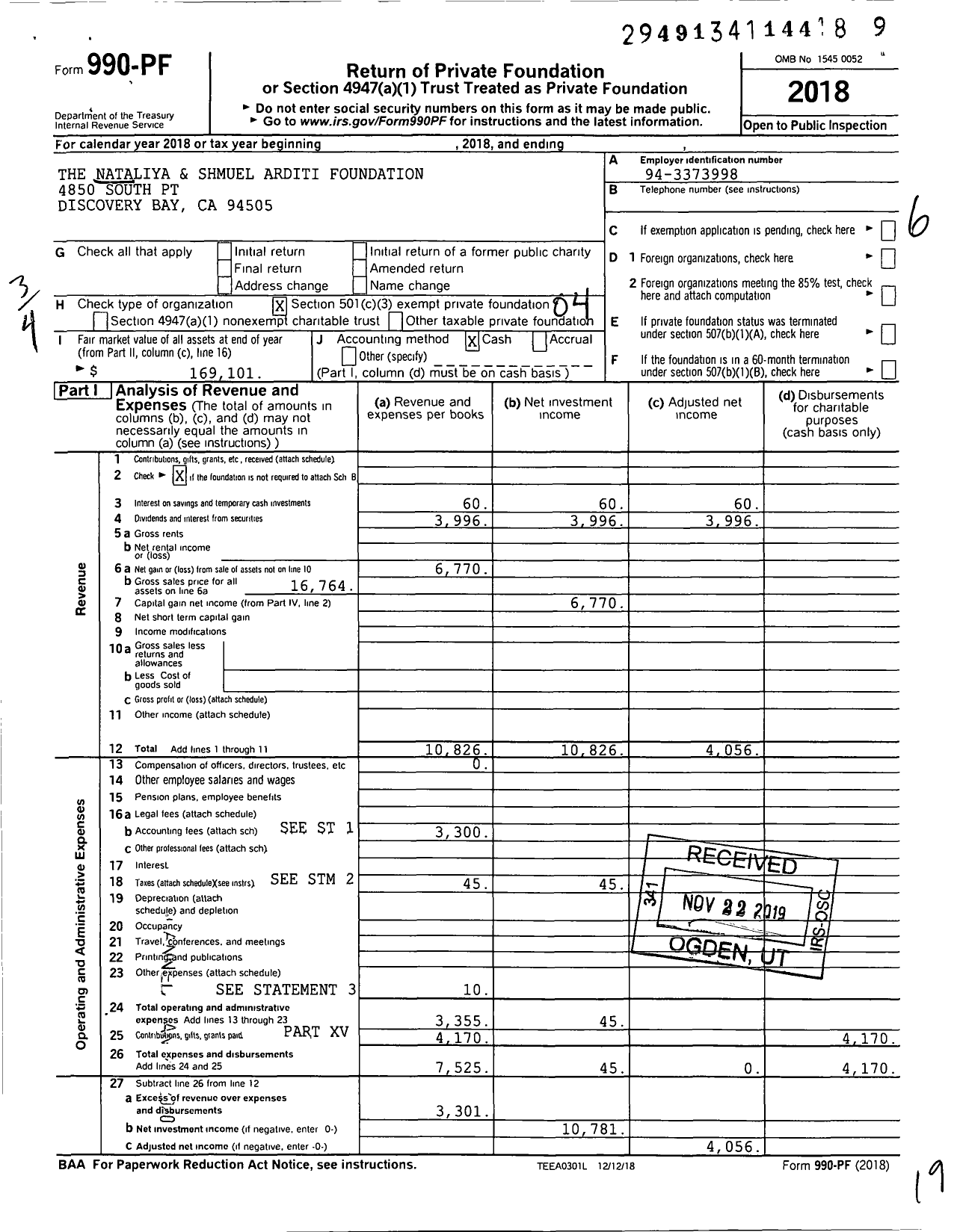 Image of first page of 2018 Form 990PF for Nataliya and Shmuel Arditi Foundation