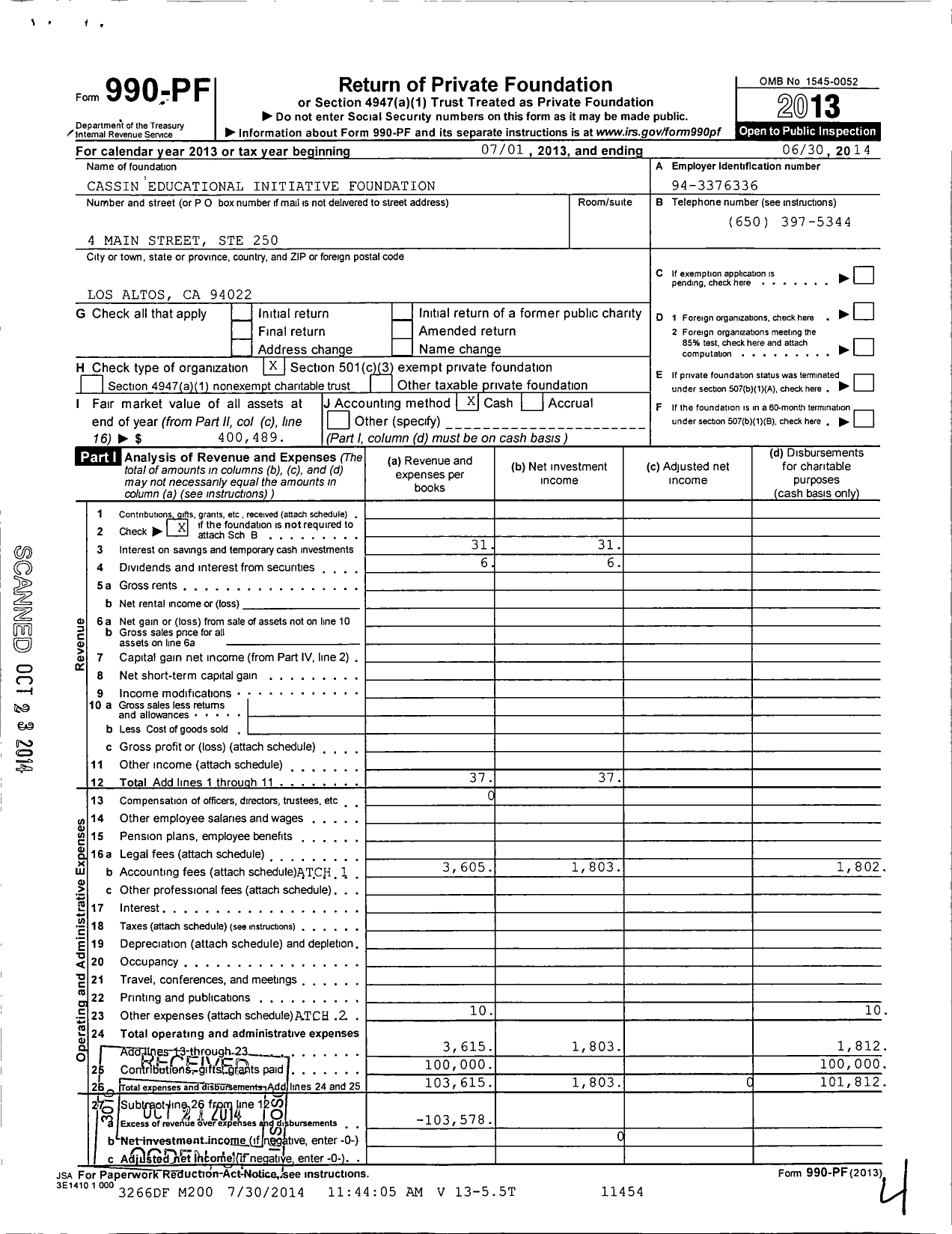 Image of first page of 2013 Form 990PF for Cassin Educational Initiative Foundation