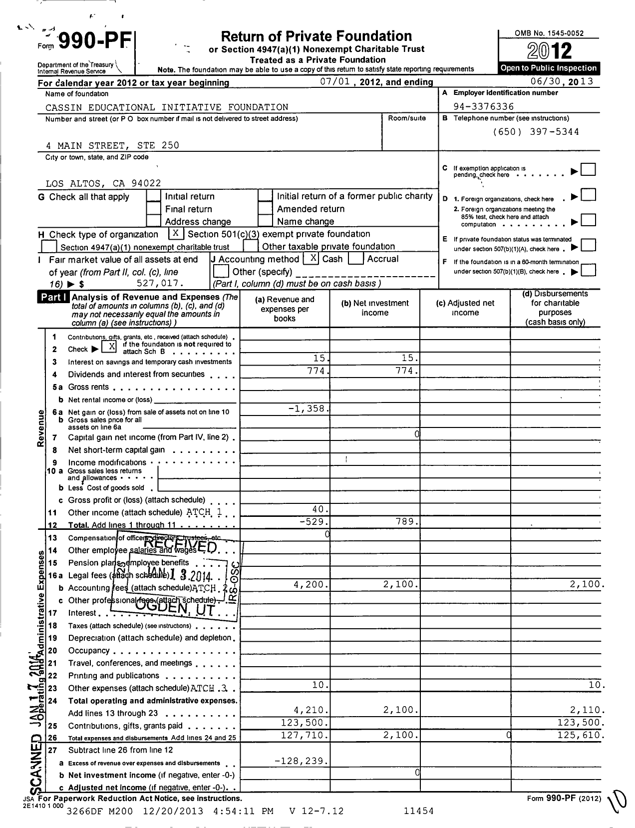 Image of first page of 2012 Form 990PF for Cassin Educational Initiative Foundation