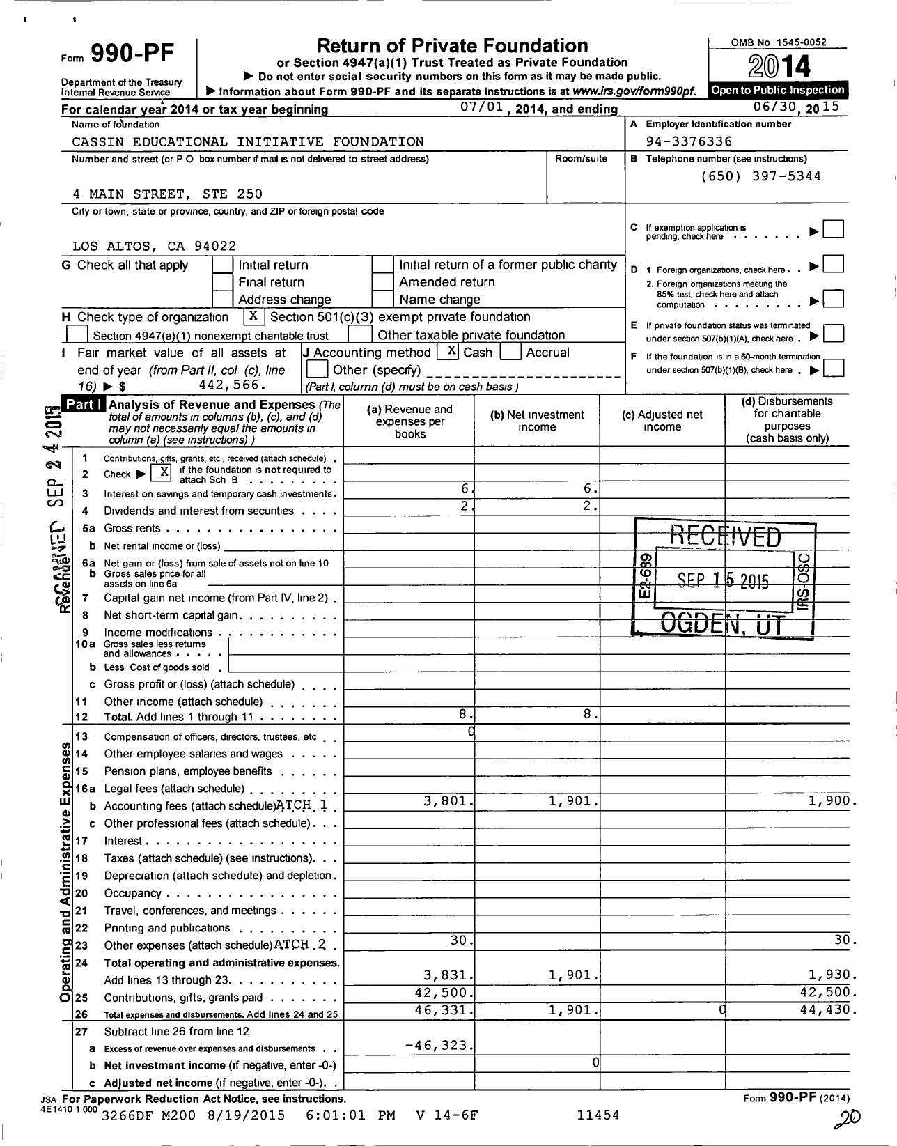 Image of first page of 2014 Form 990PF for Cassin Educational Initiative Foundation