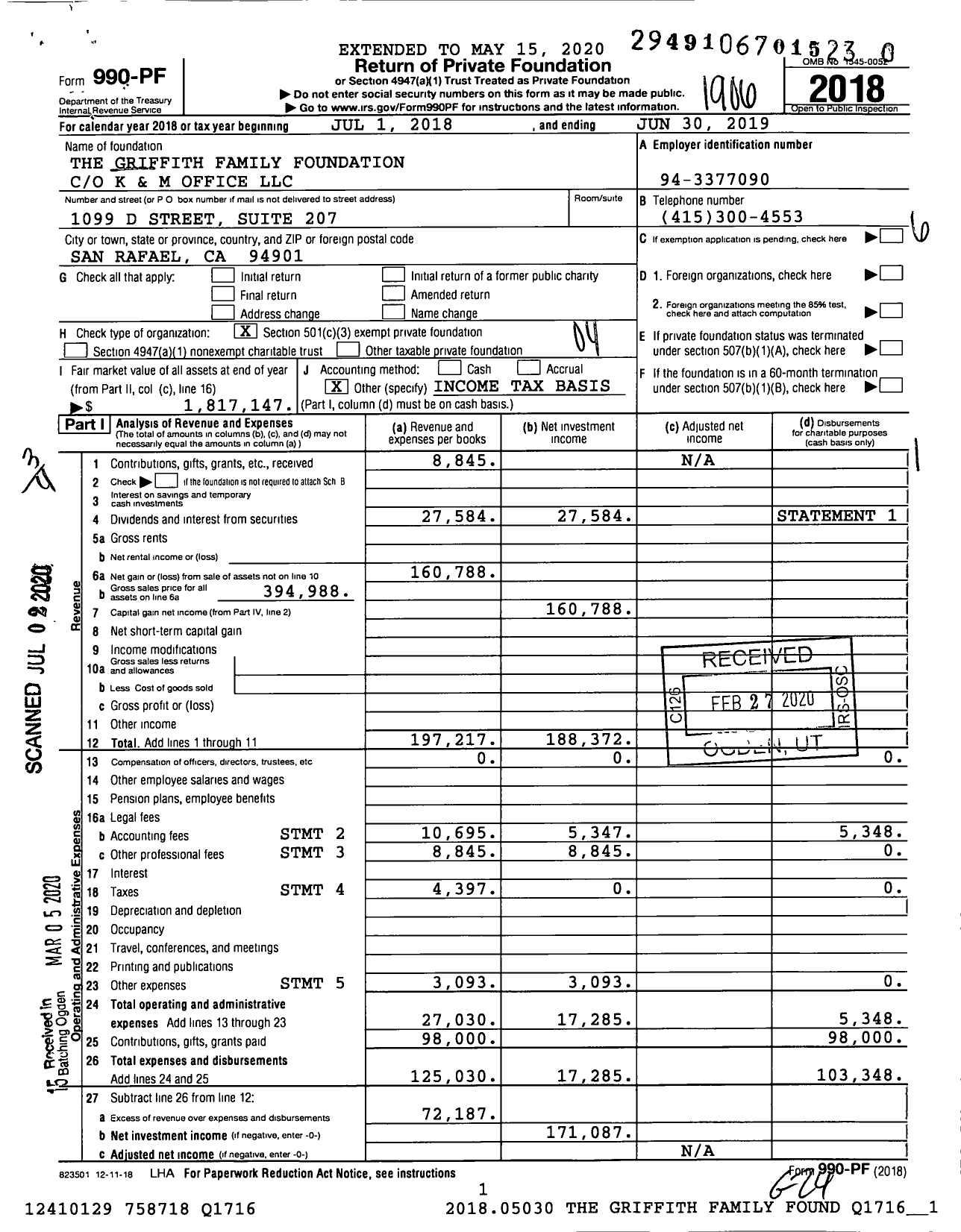 Image of first page of 2018 Form 990PR for The Griffith Family Foundation