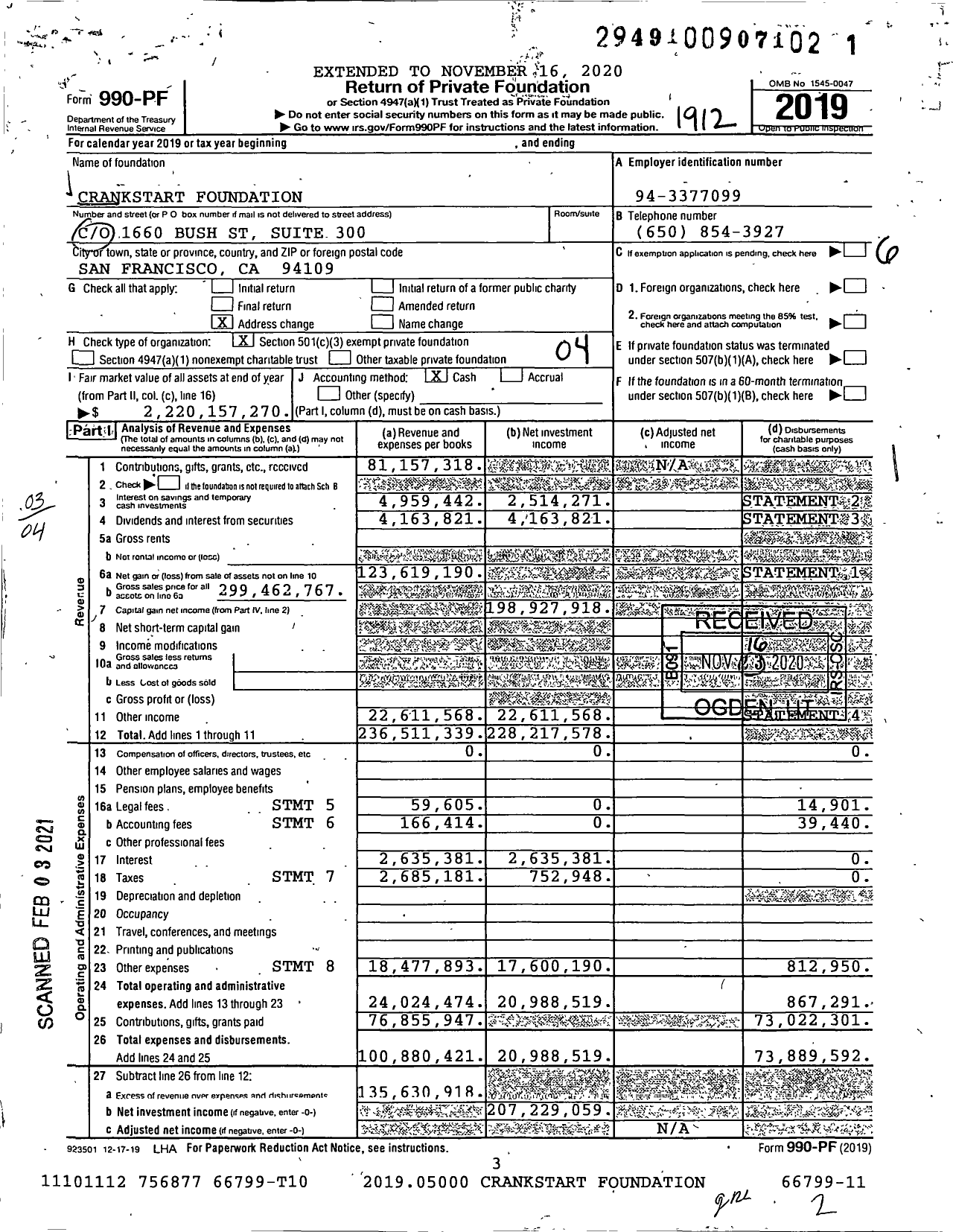 Image of first page of 2019 Form 990PF for Crankstart Foundation