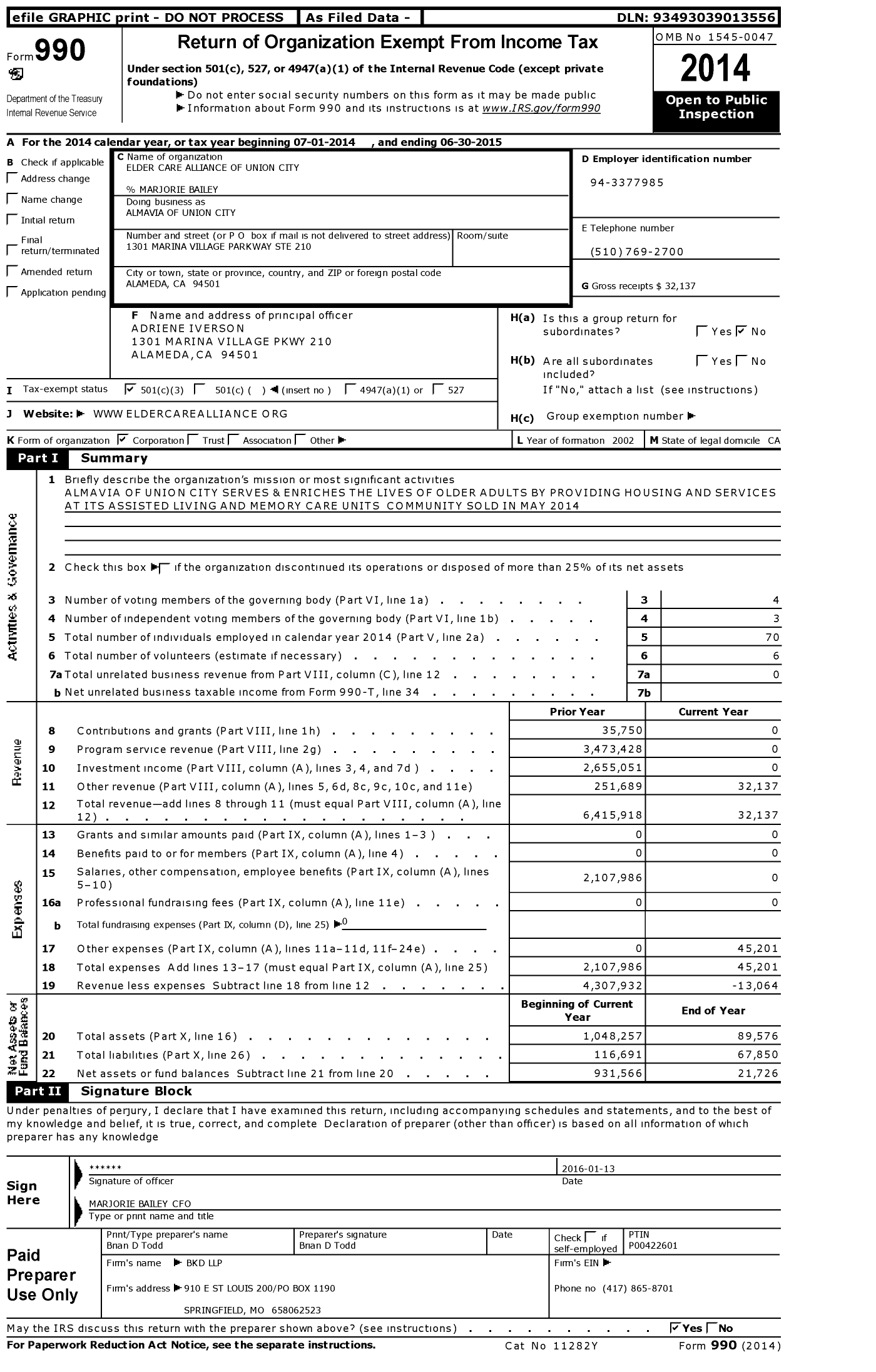 Image of first page of 2014 Form 990 for Elder Care Alliance of Union City