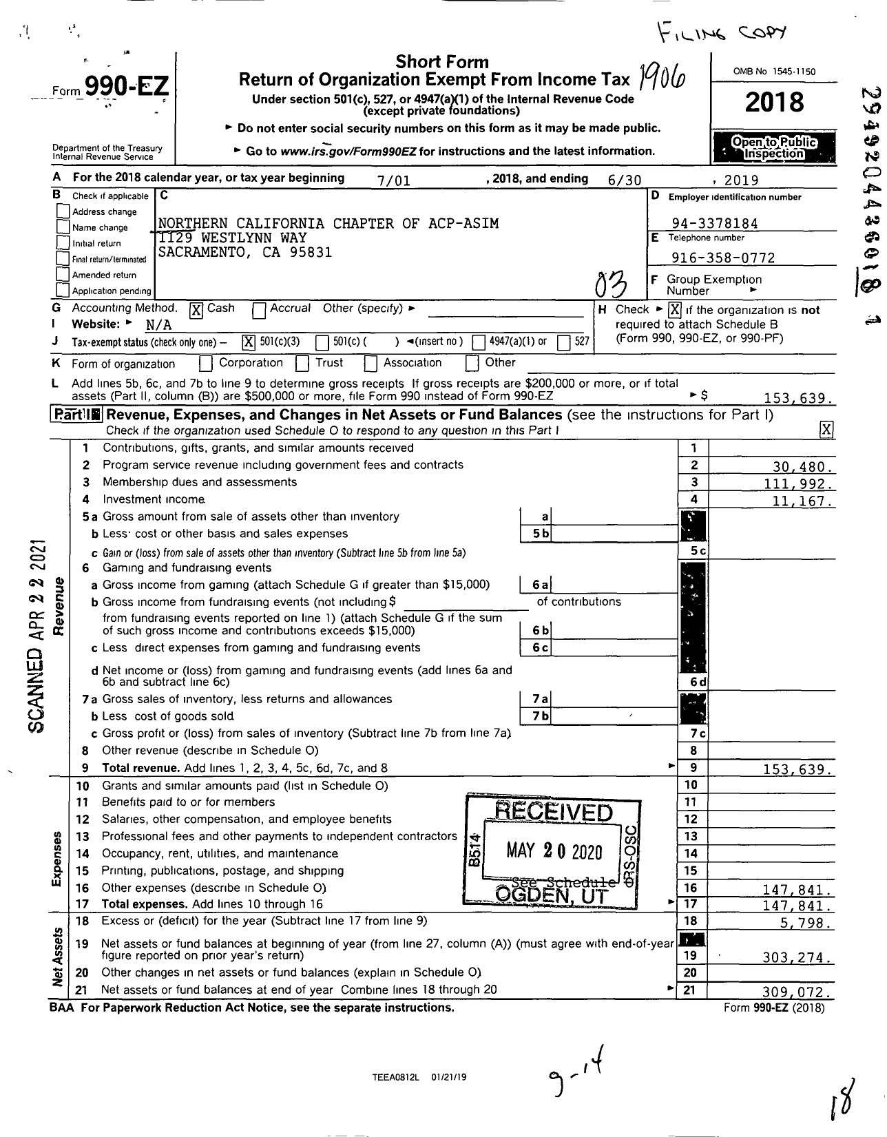 Image of first page of 2018 Form 990EZ for Northern California Chapter of Acp-Asim