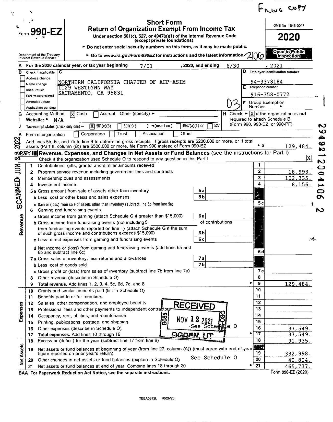 Image of first page of 2020 Form 990EZ for Northern California Chapter of Acp-Asim