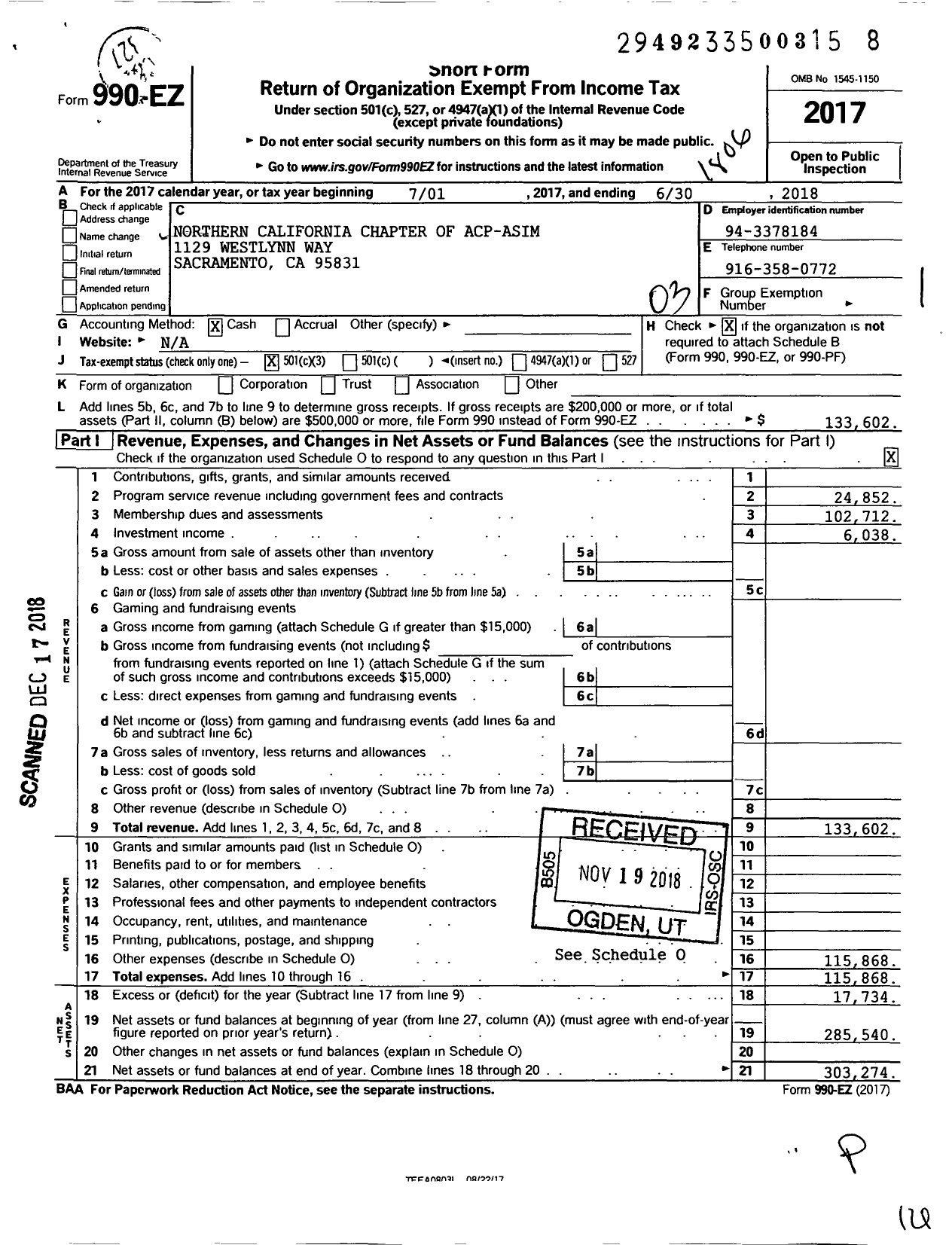 Image of first page of 2017 Form 990EZ for Northern California Chapter of Acp-Asim