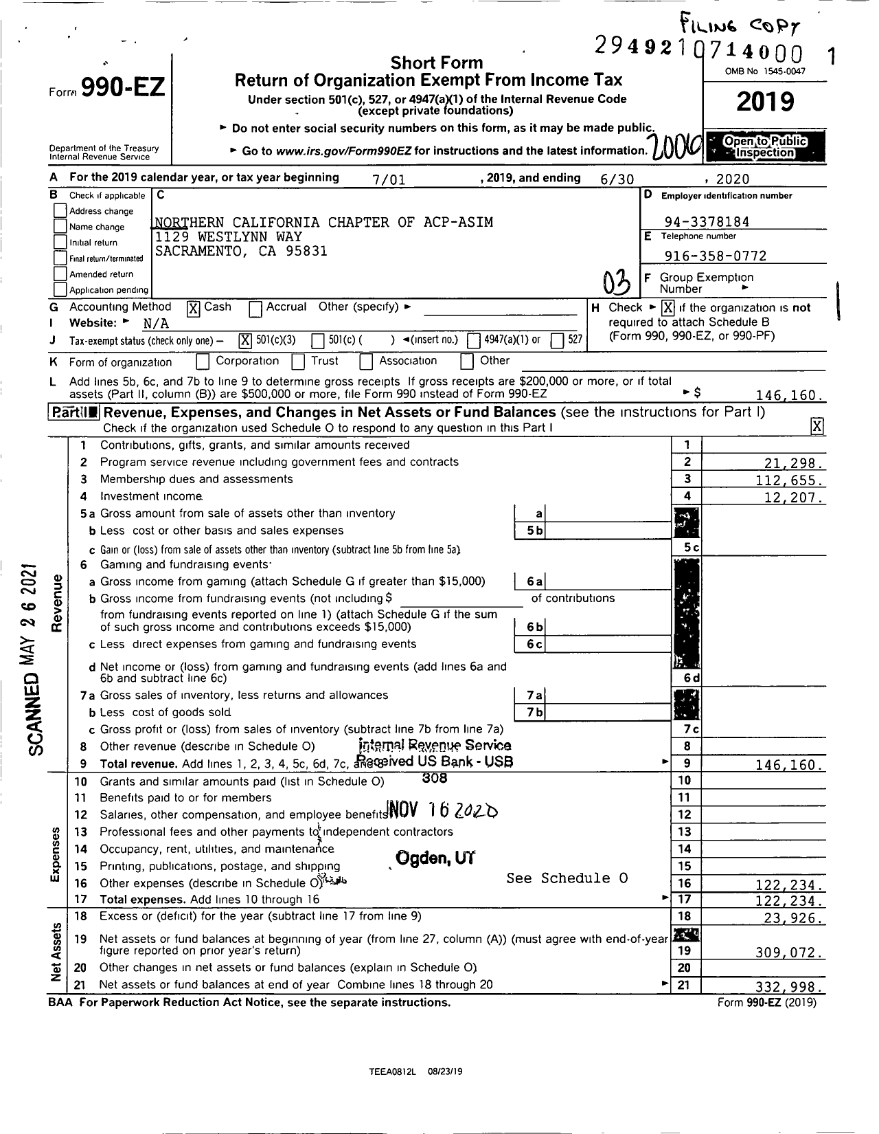 Image of first page of 2019 Form 990EZ for Northern California Chapter of Acp-Asim