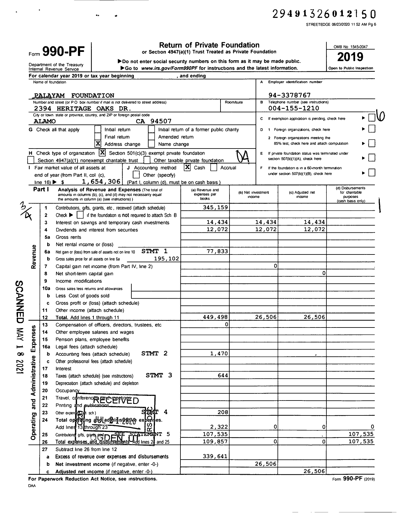 Image of first page of 2019 Form 990PF for Palayam Foundation