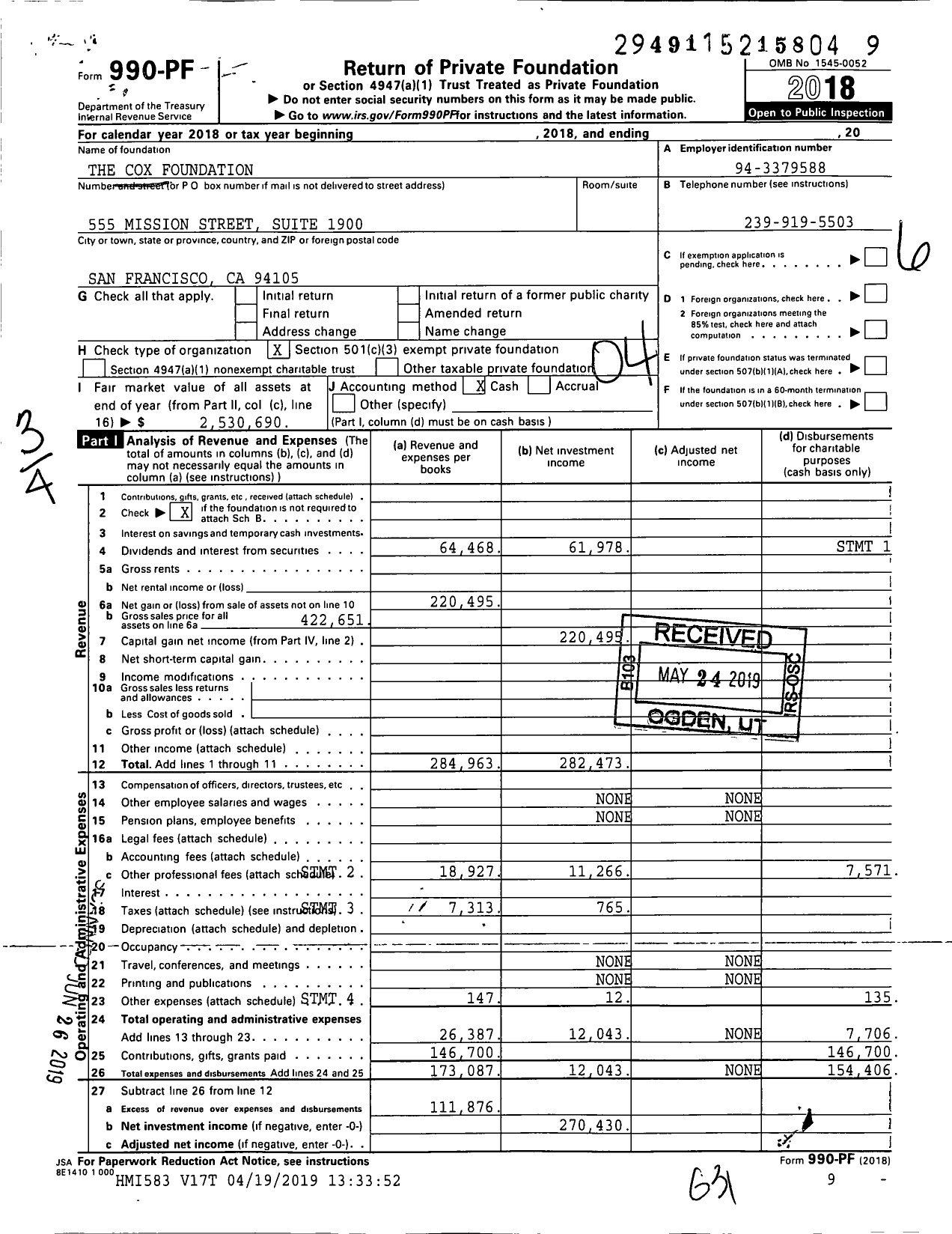Image of first page of 2018 Form 990PF for The Cox Foundation
