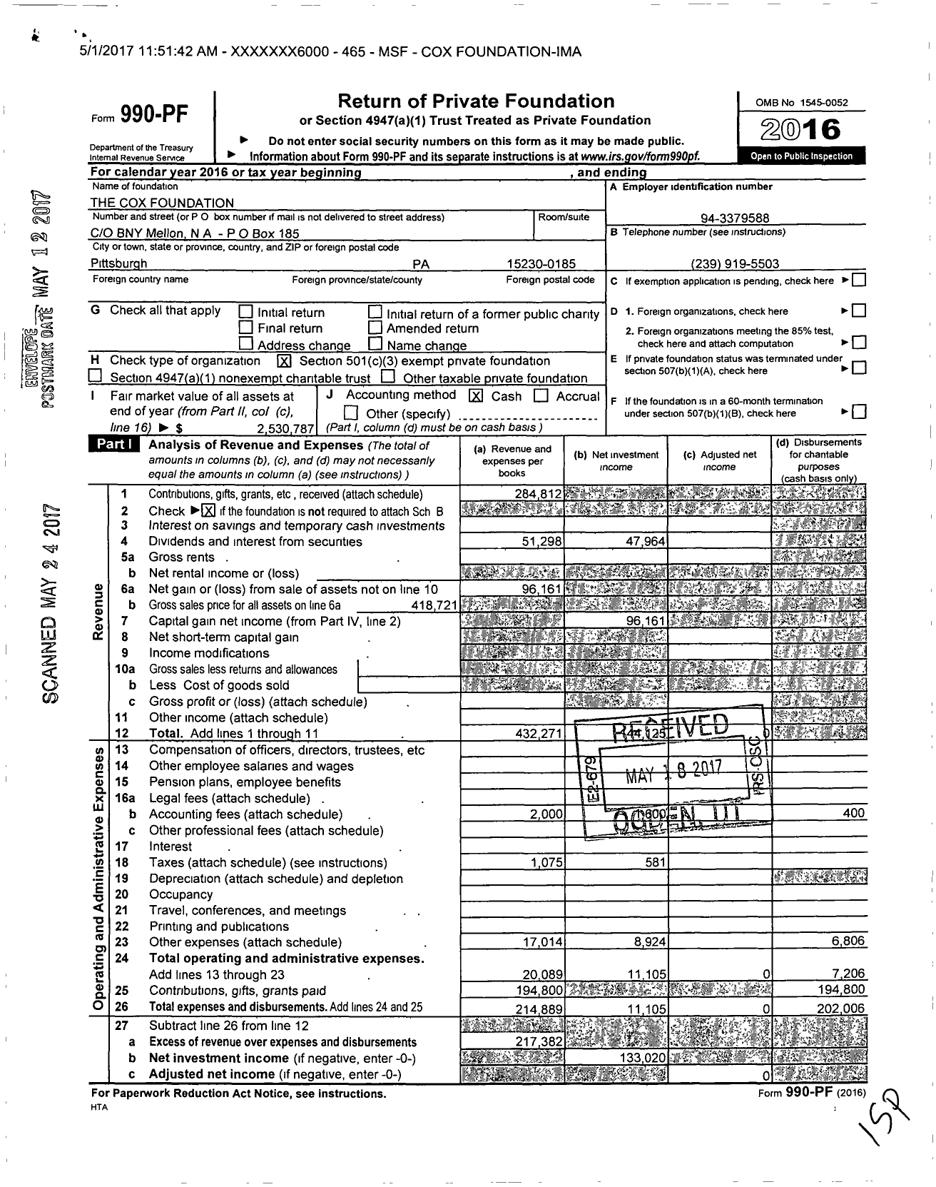 Image of first page of 2016 Form 990PF for The Cox Foundation