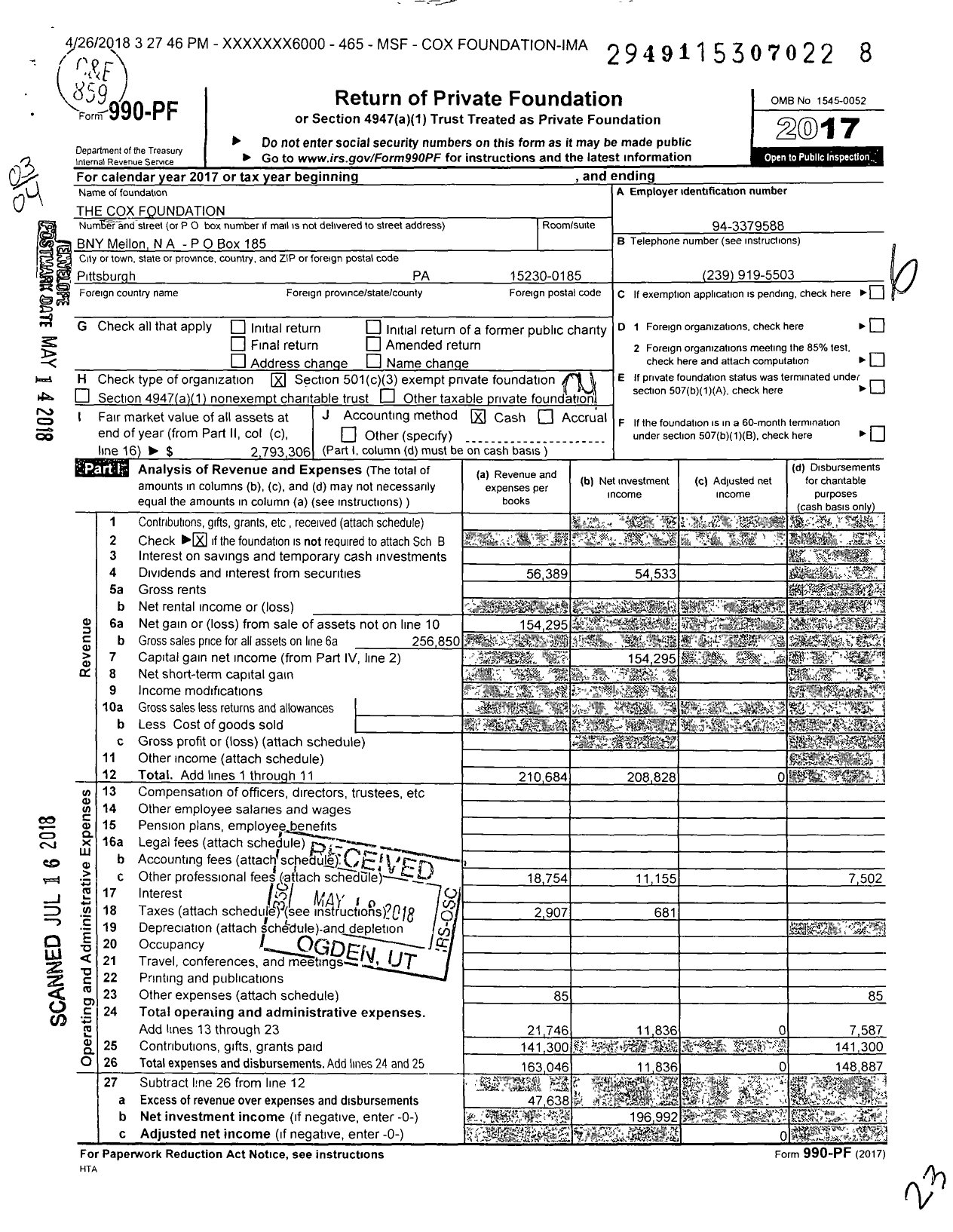 Image of first page of 2017 Form 990PF for The Cox Foundation