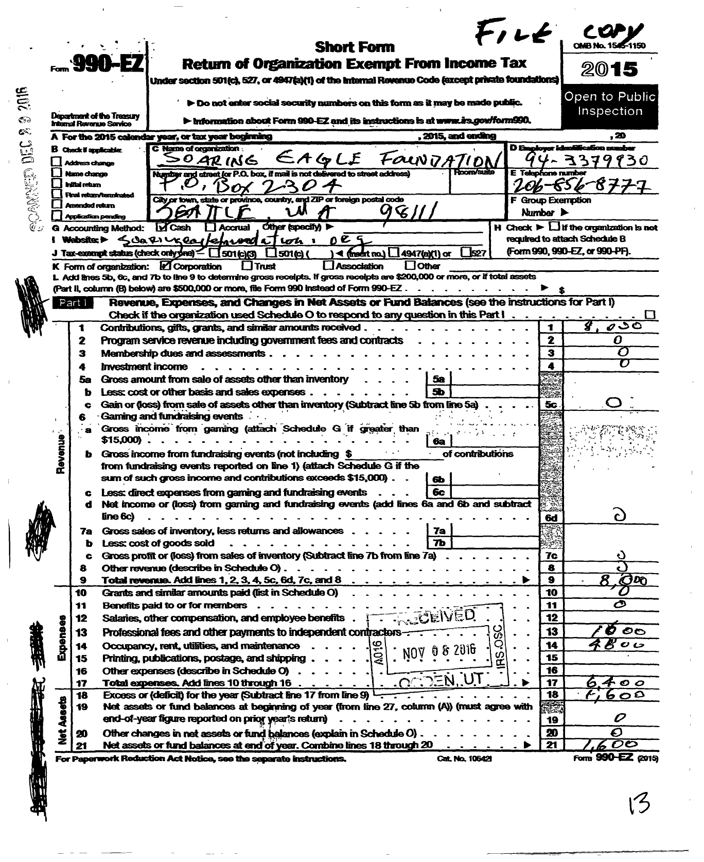 Image of first page of 2015 Form 990EO for Soaring Eagle Foundation