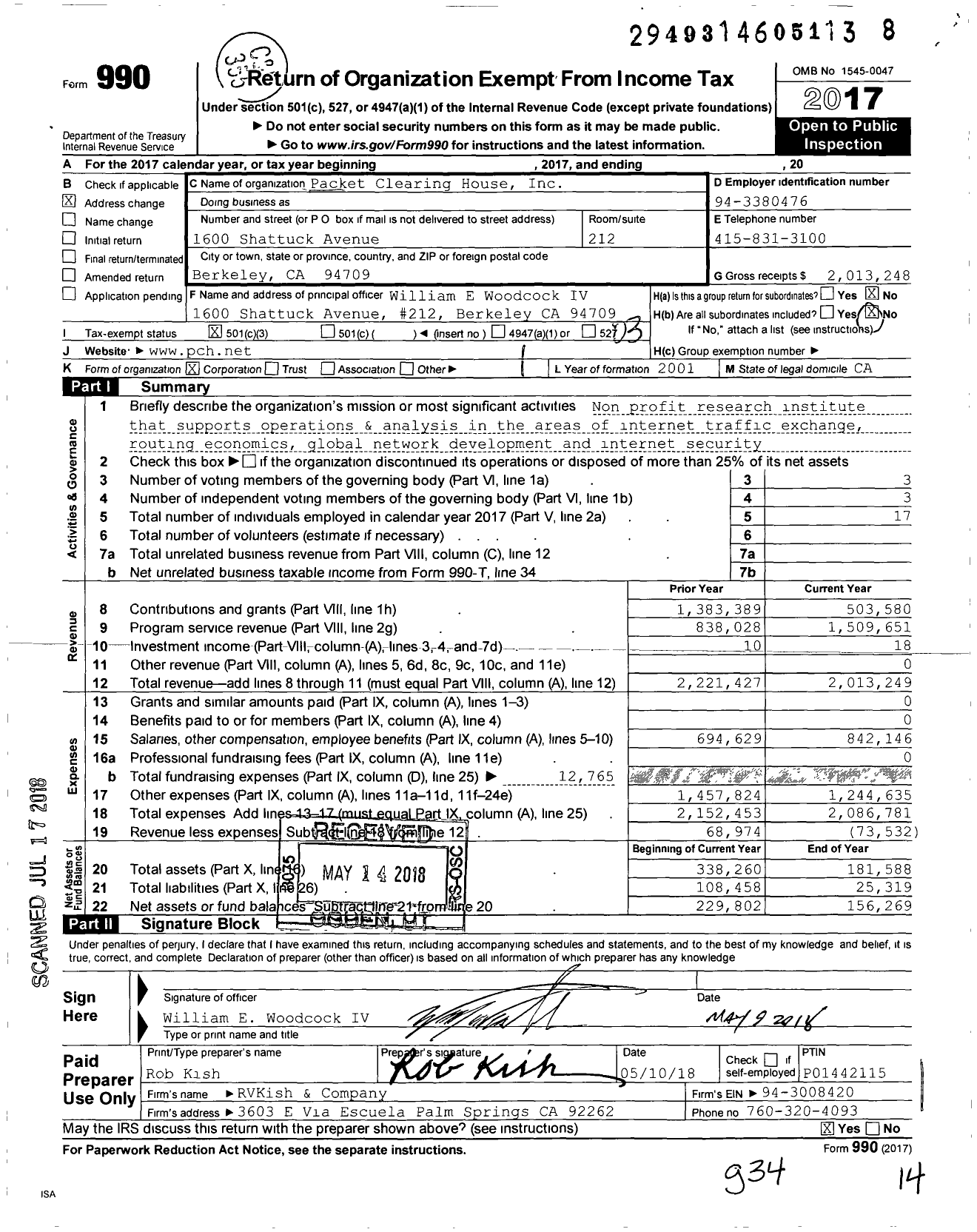 Image of first page of 2017 Form 990 for Packet Clearing House