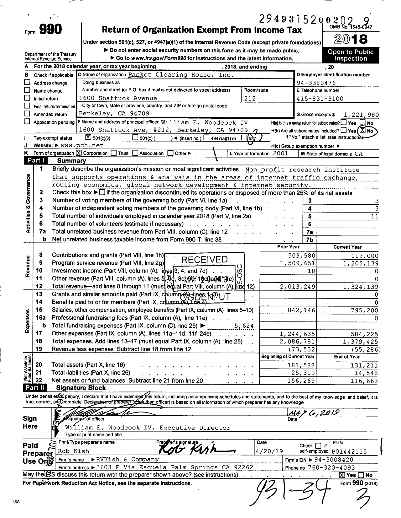 Image of first page of 2018 Form 990 for Packet Clearing House