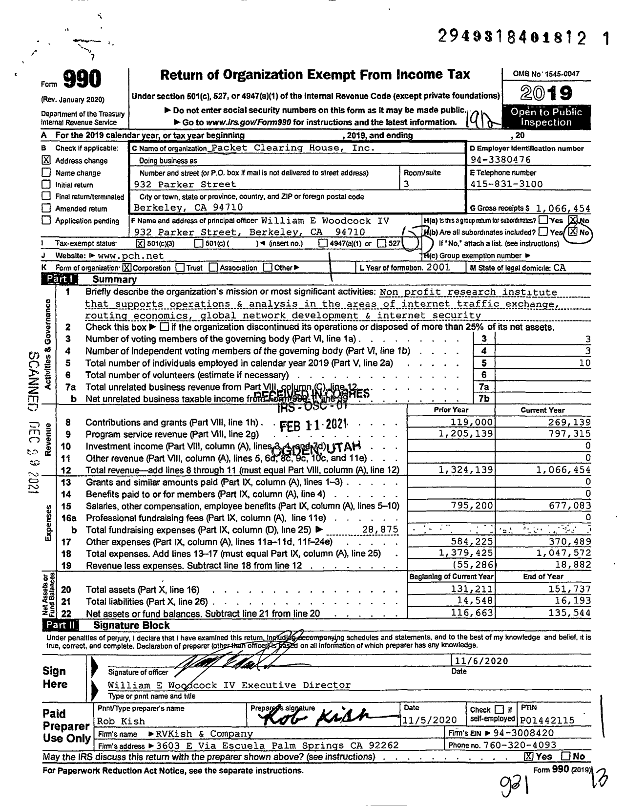 Image of first page of 2019 Form 990 for Packet Clearing House