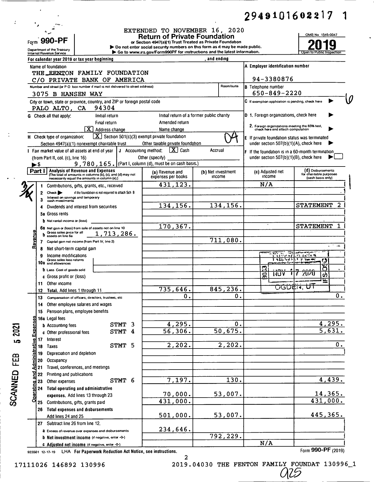 Image of first page of 2019 Form 990PF for The Fenton Family Foundation