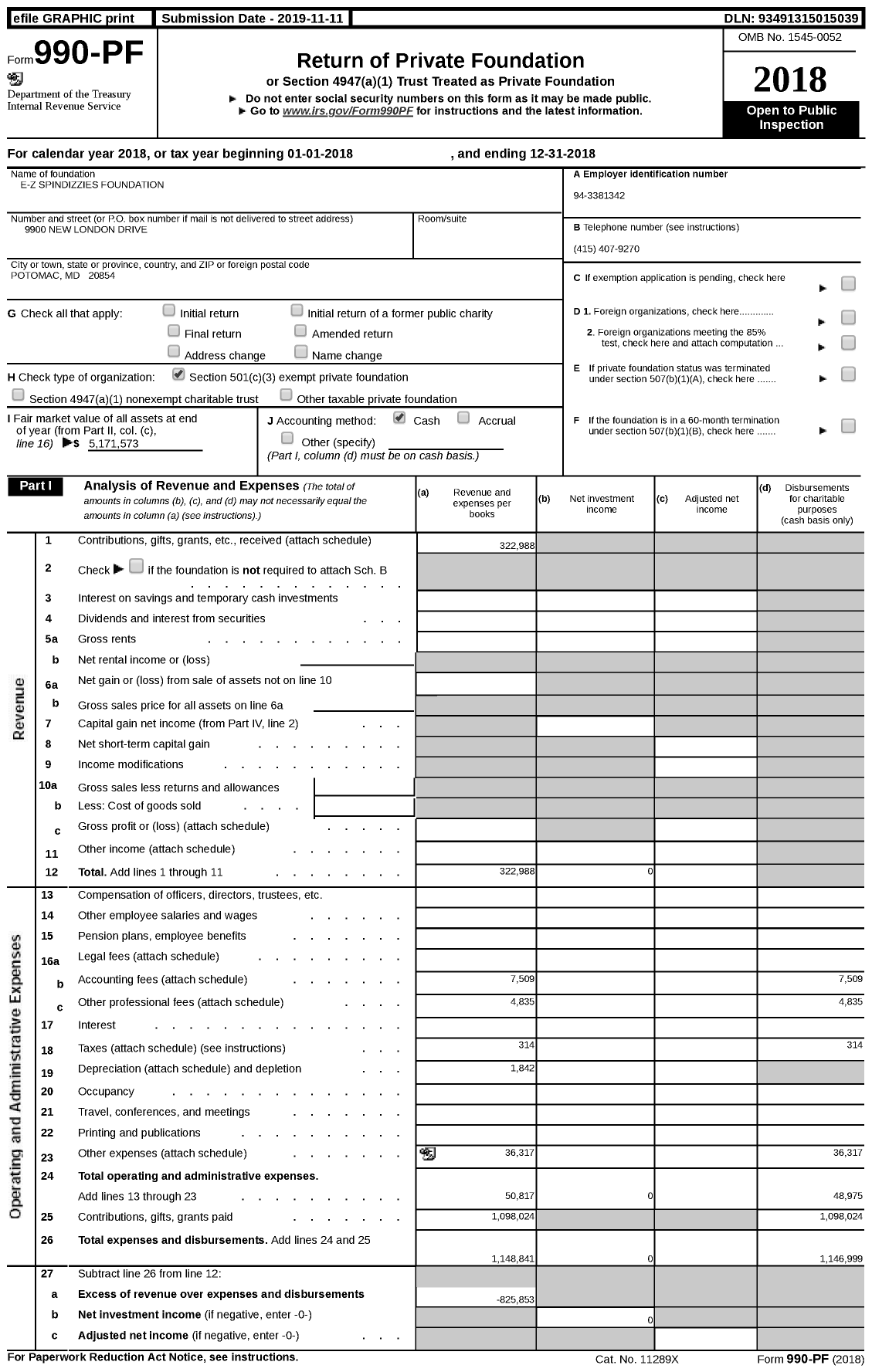 Image of first page of 2018 Form 990PF for E-Z Spindizzies Foundation