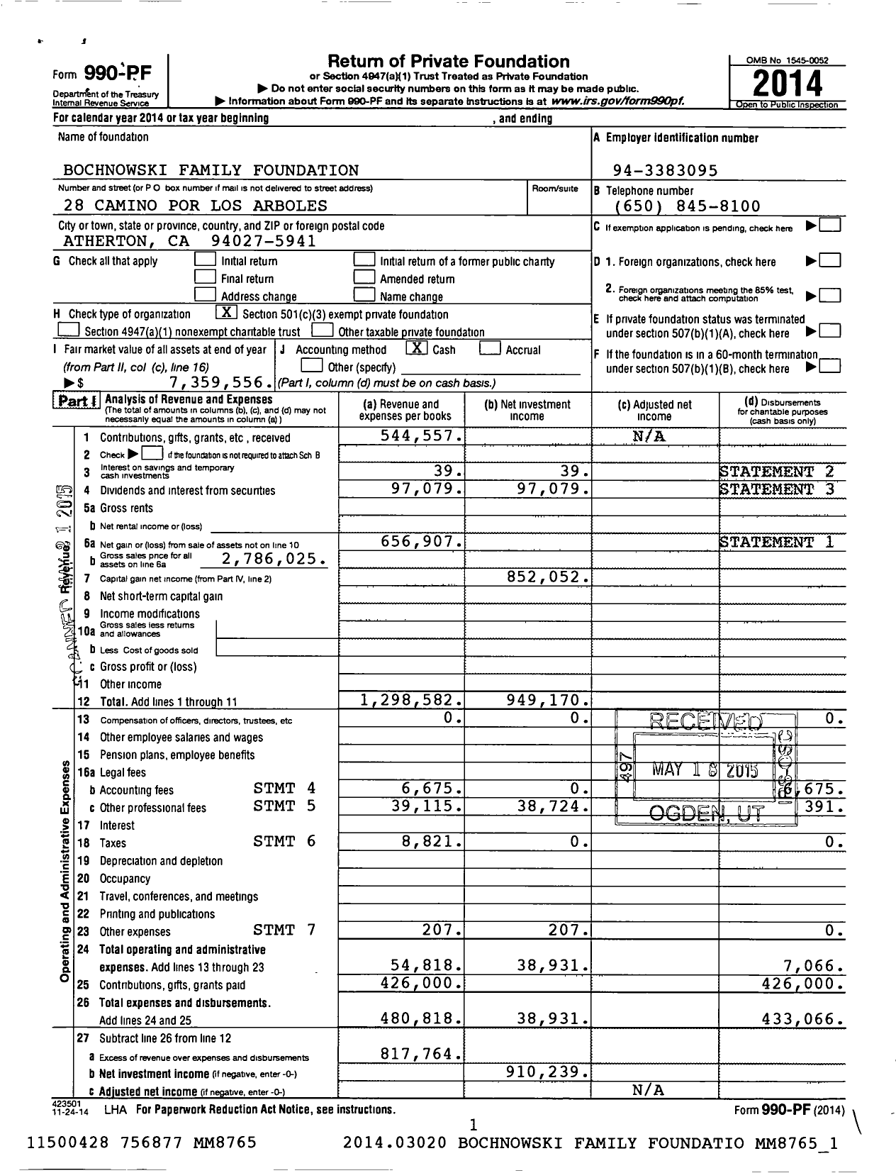 Image of first page of 2014 Form 990PF for Bochnowski Family Foundation