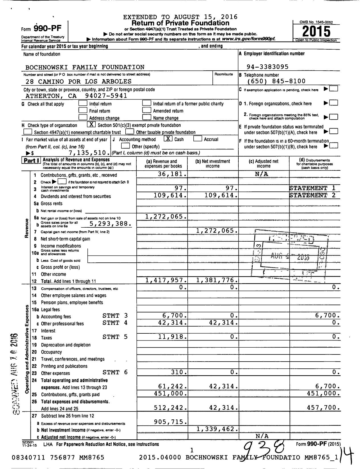 Image of first page of 2015 Form 990PF for Bochnowski Family Foundation