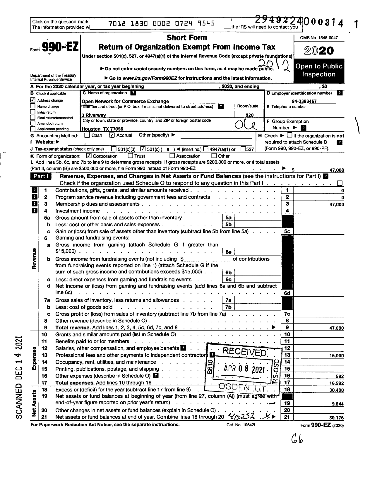 Image of first page of 2020 Form 990EO for Open Network for Commerce Exchange