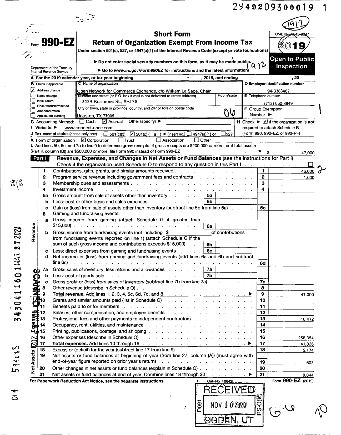 Image of first page of 2019 Form 990EO for Open Network for Commerce Exchange