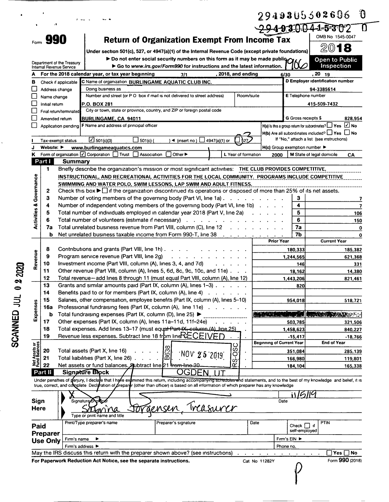 Image of first page of 2018 Form 990 for Burlingame Aquatic Club (BAC)