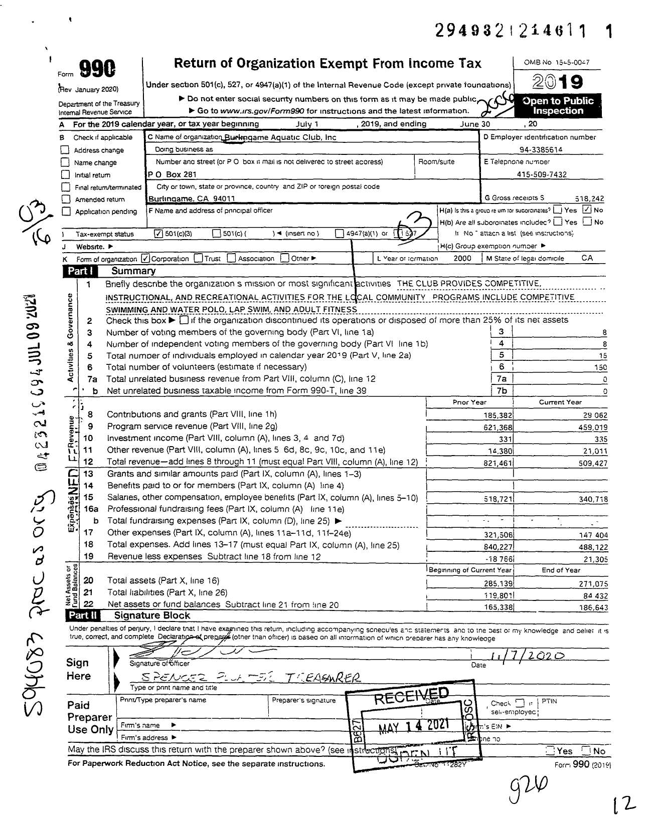 Image of first page of 2019 Form 990 for Burlingame Aquatic Club (BAC)