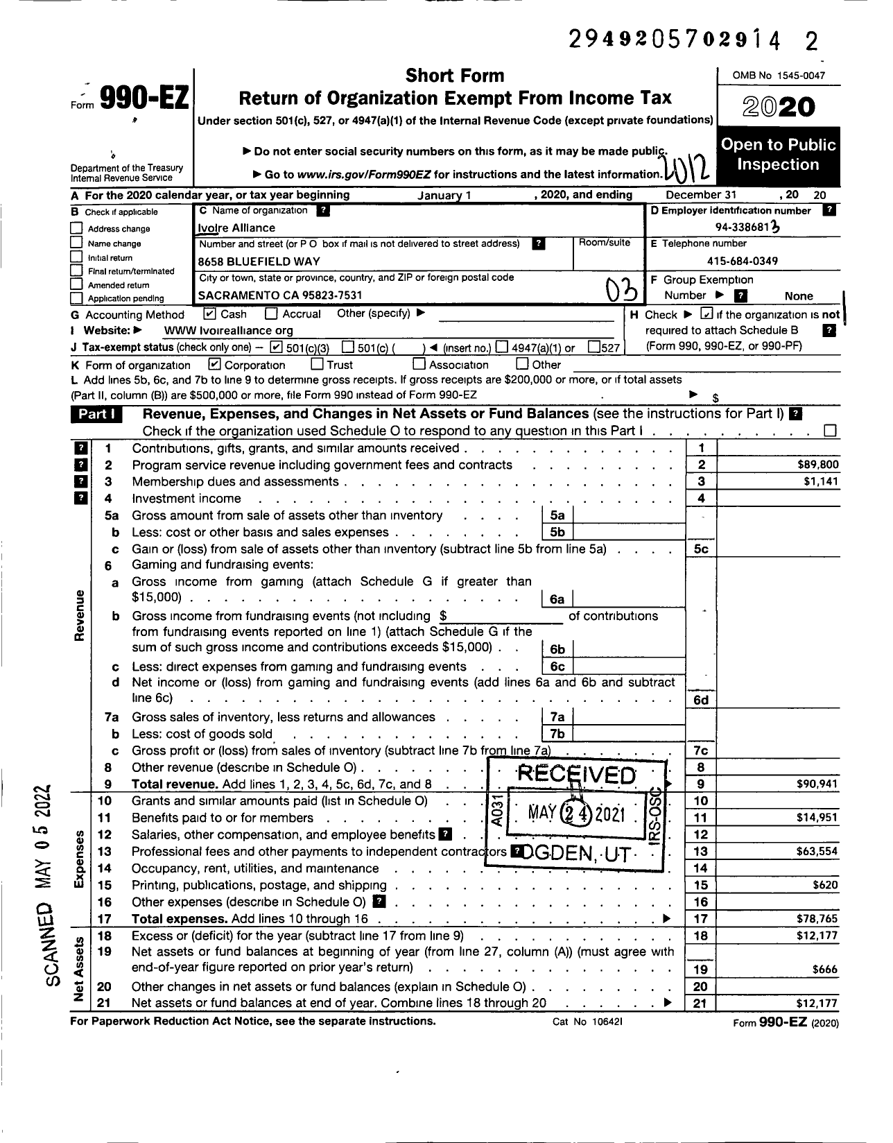 Image of first page of 2020 Form 990EZ for Ivoire Alliance