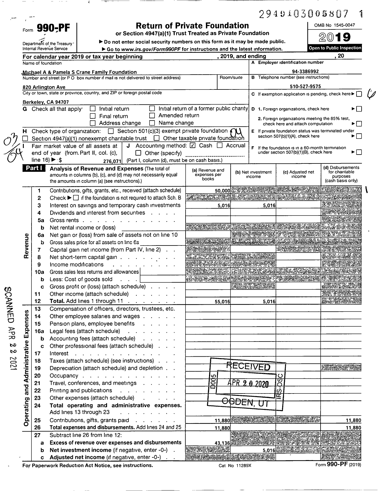 Image of first page of 2019 Form 990PF for Michael A and Pamela S Crane Family Foundation