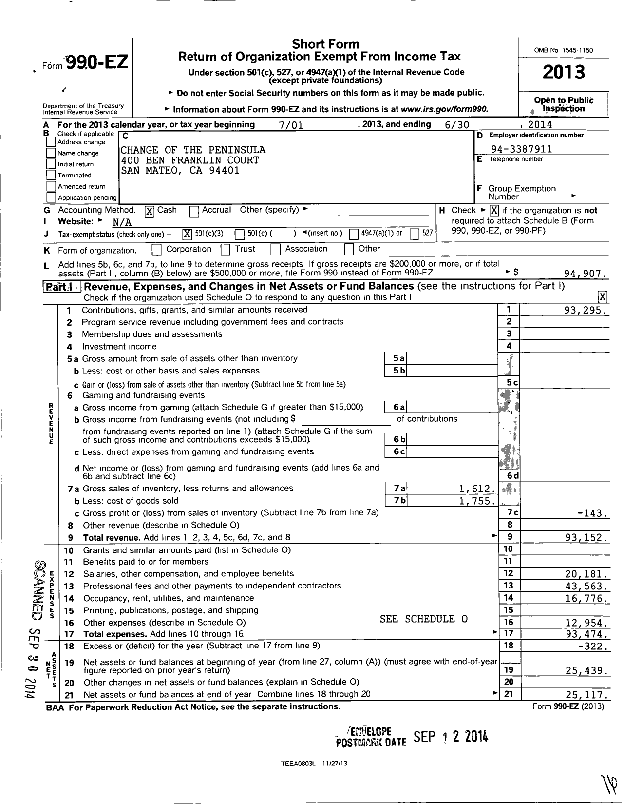 Image of first page of 2013 Form 990EZ for Change of the Peninsula