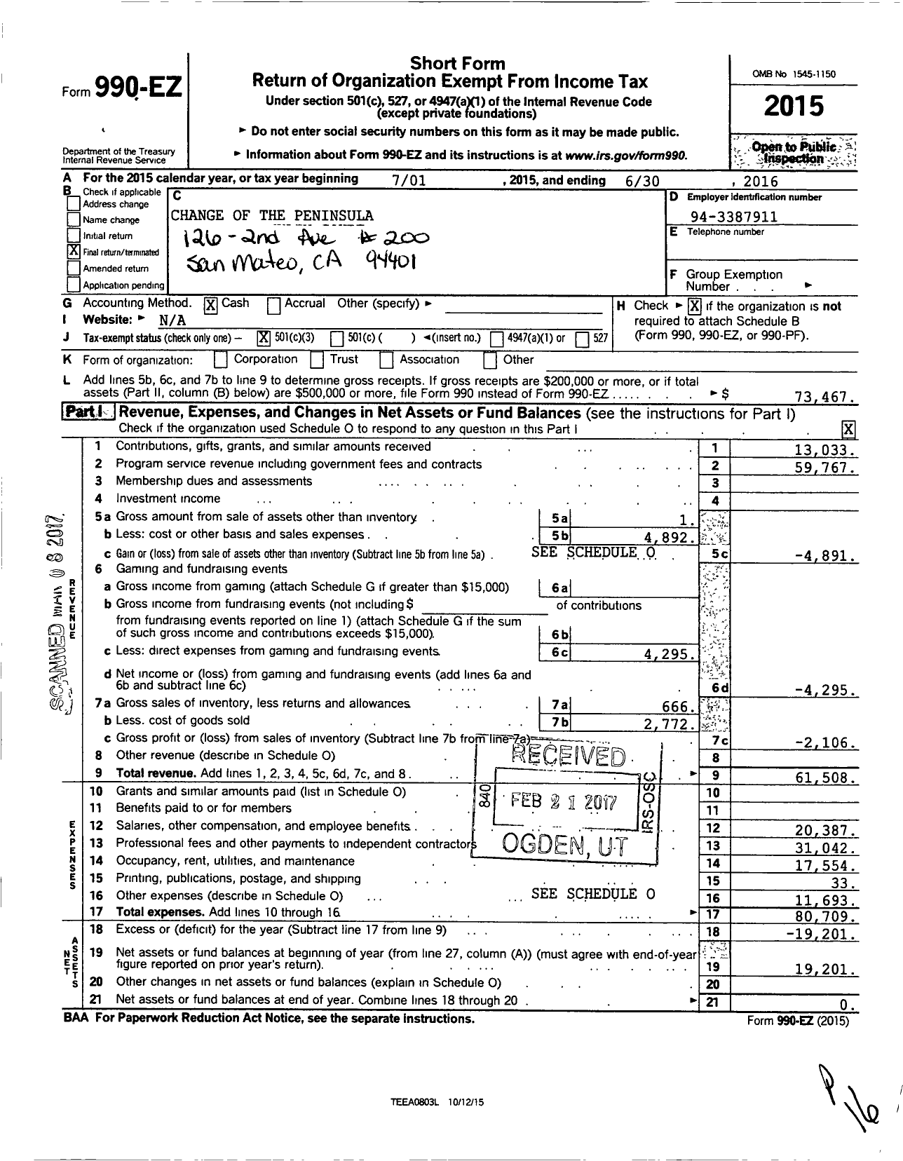 Image of first page of 2015 Form 990EZ for Change of the Peninsula