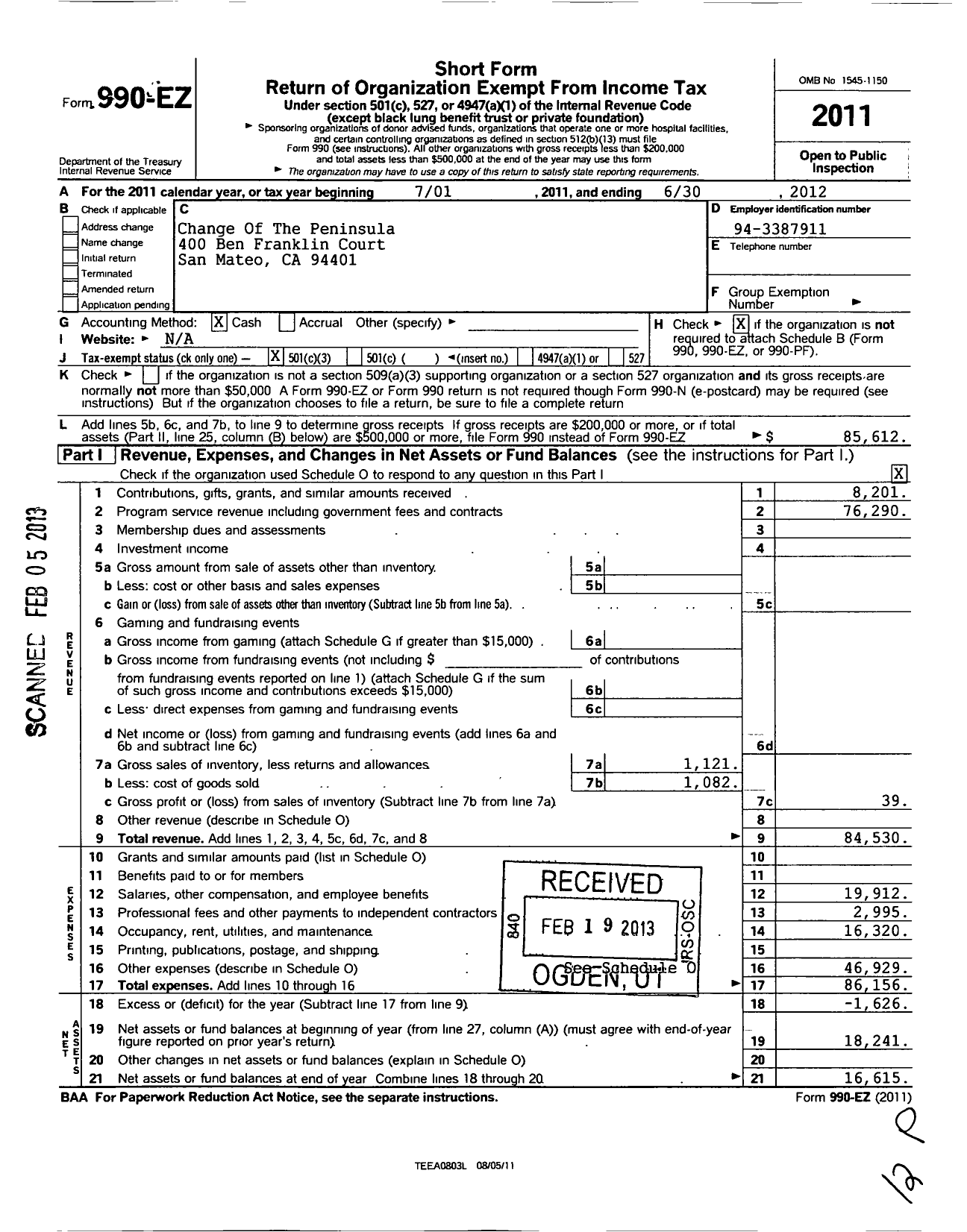 Image of first page of 2011 Form 990EZ for Change of the Peninsula