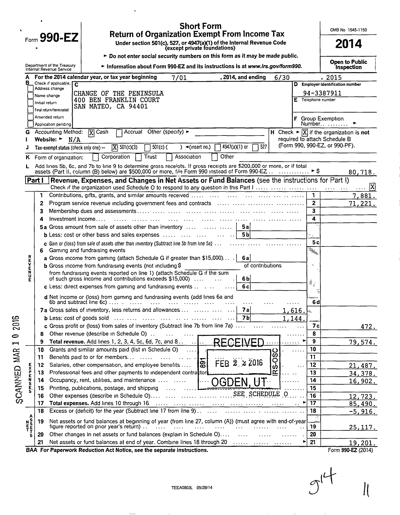 Image of first page of 2014 Form 990EZ for Change of the Peninsula