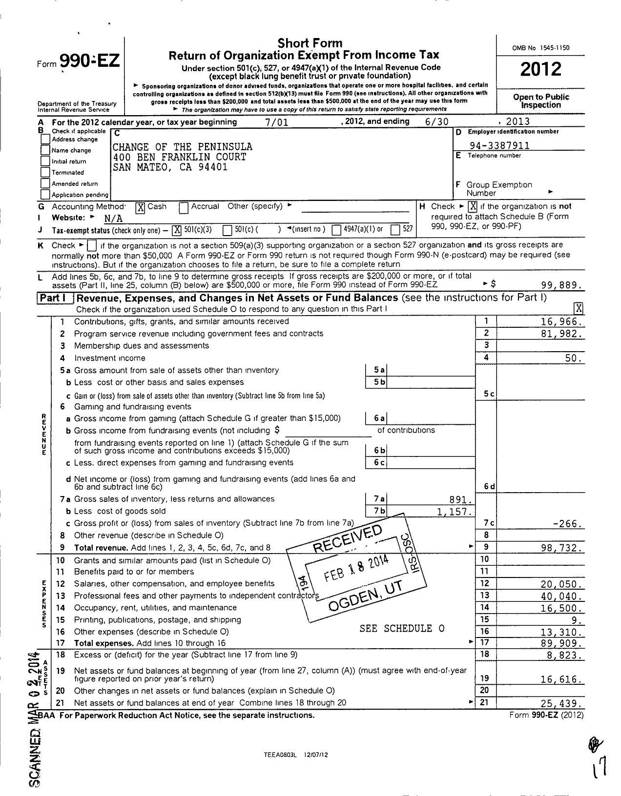 Image of first page of 2012 Form 990EZ for Change of the Peninsula