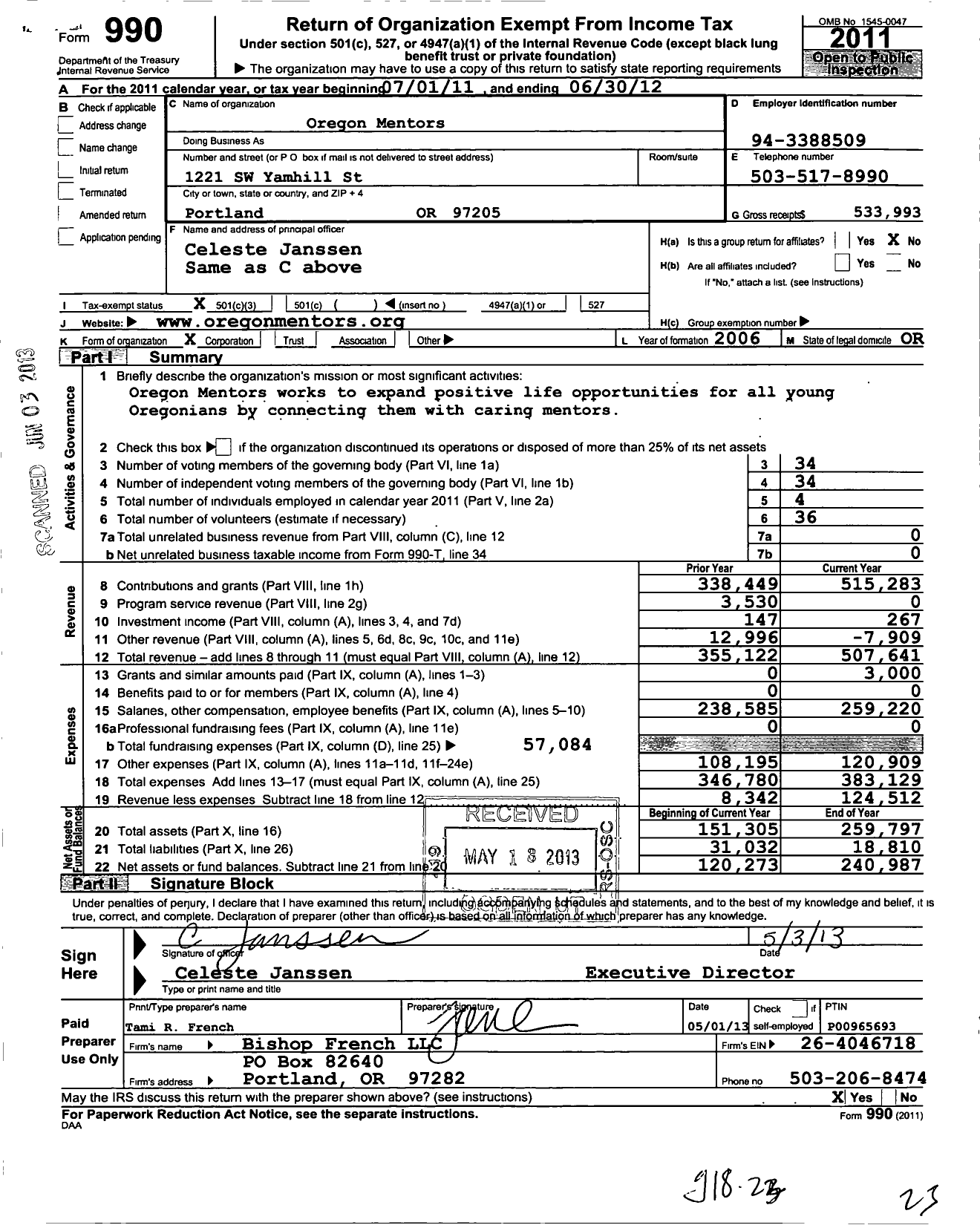 Image of first page of 2011 Form 990 for Institute For Youth Success