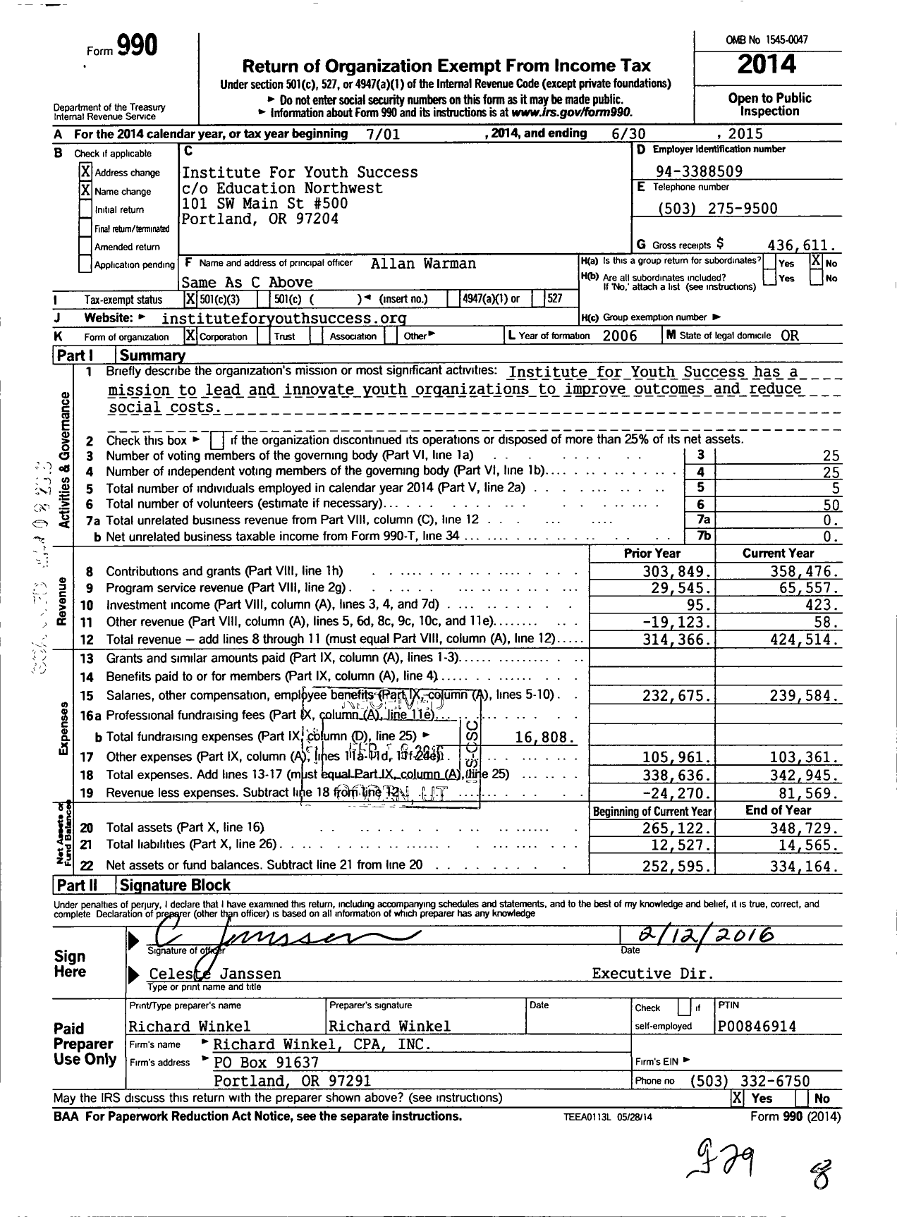 Image of first page of 2014 Form 990 for Institute For Youth Success