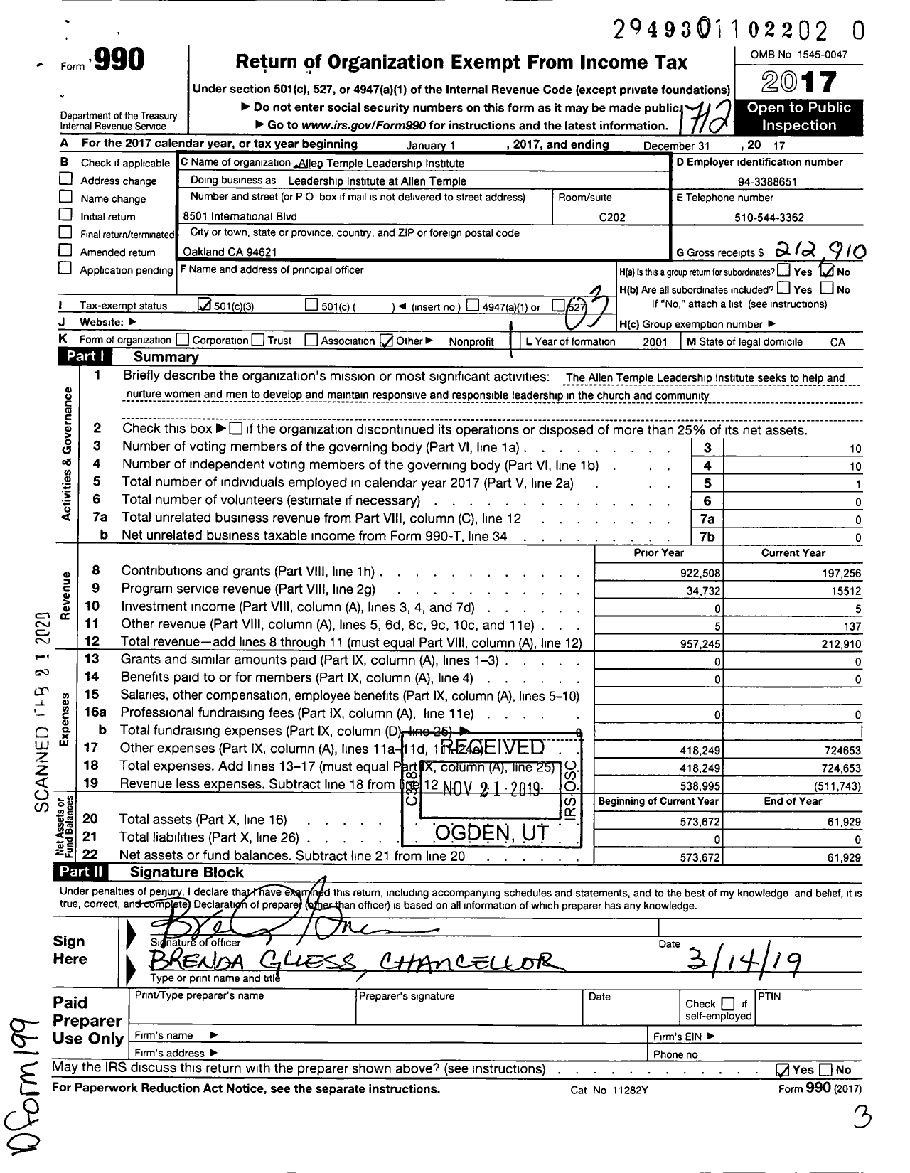 Image of first page of 2017 Form 990 for The Allen Temple Leadership Institue