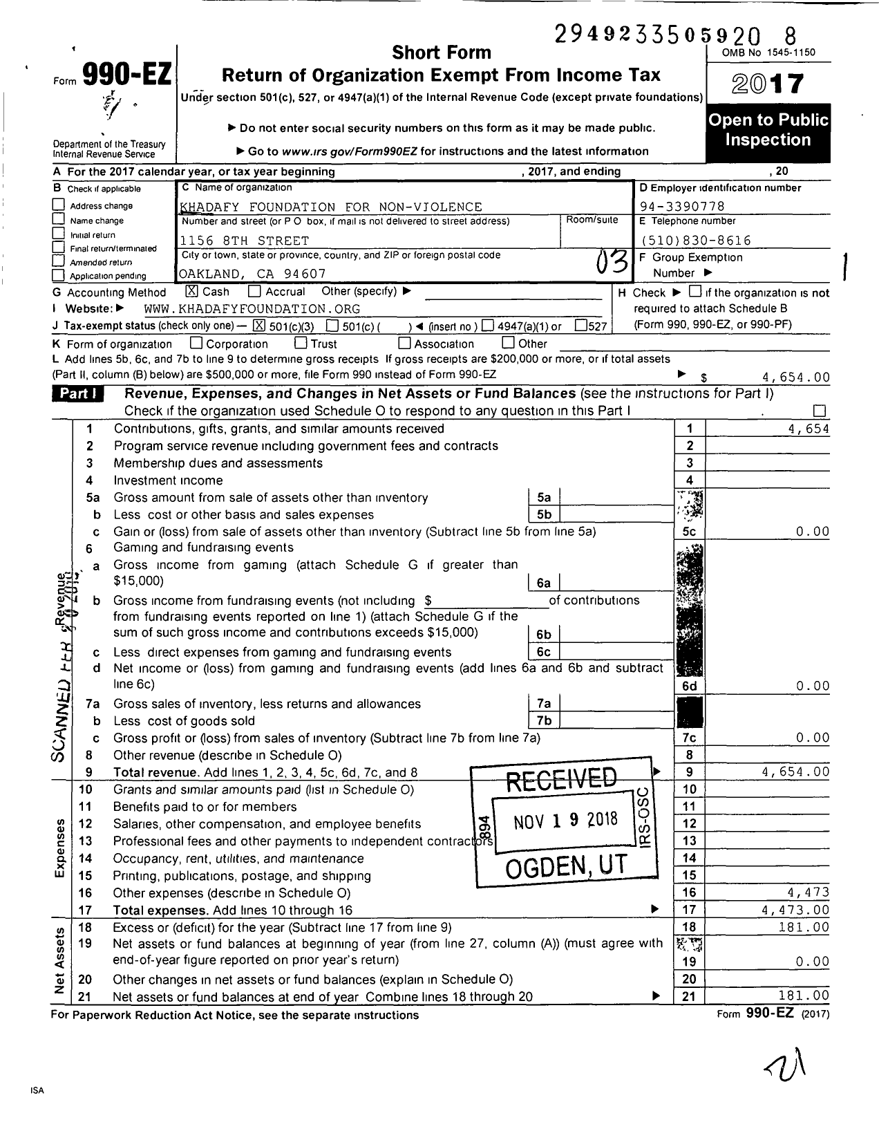 Image of first page of 2017 Form 990EZ for Khadafy Foundation for Non-Violence