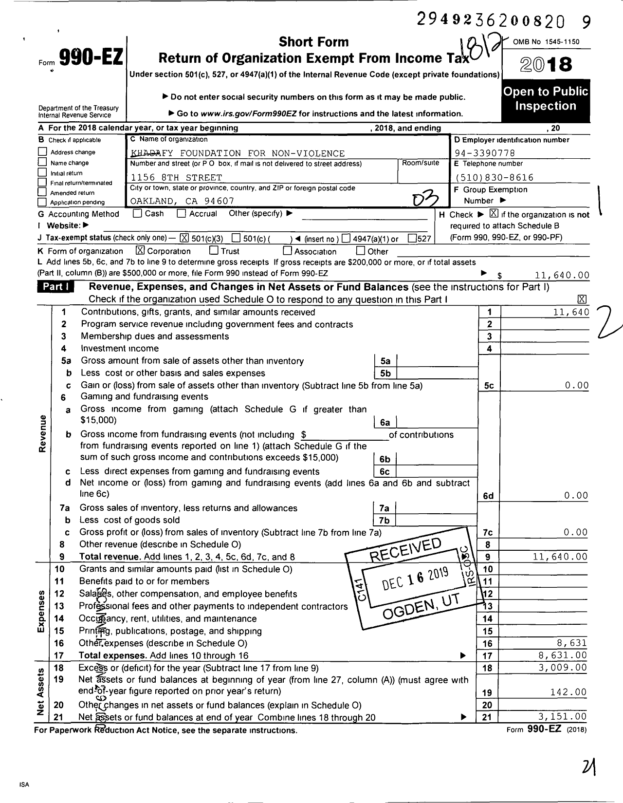 Image of first page of 2018 Form 990EZ for Khadafy Foundation for Non-Violence