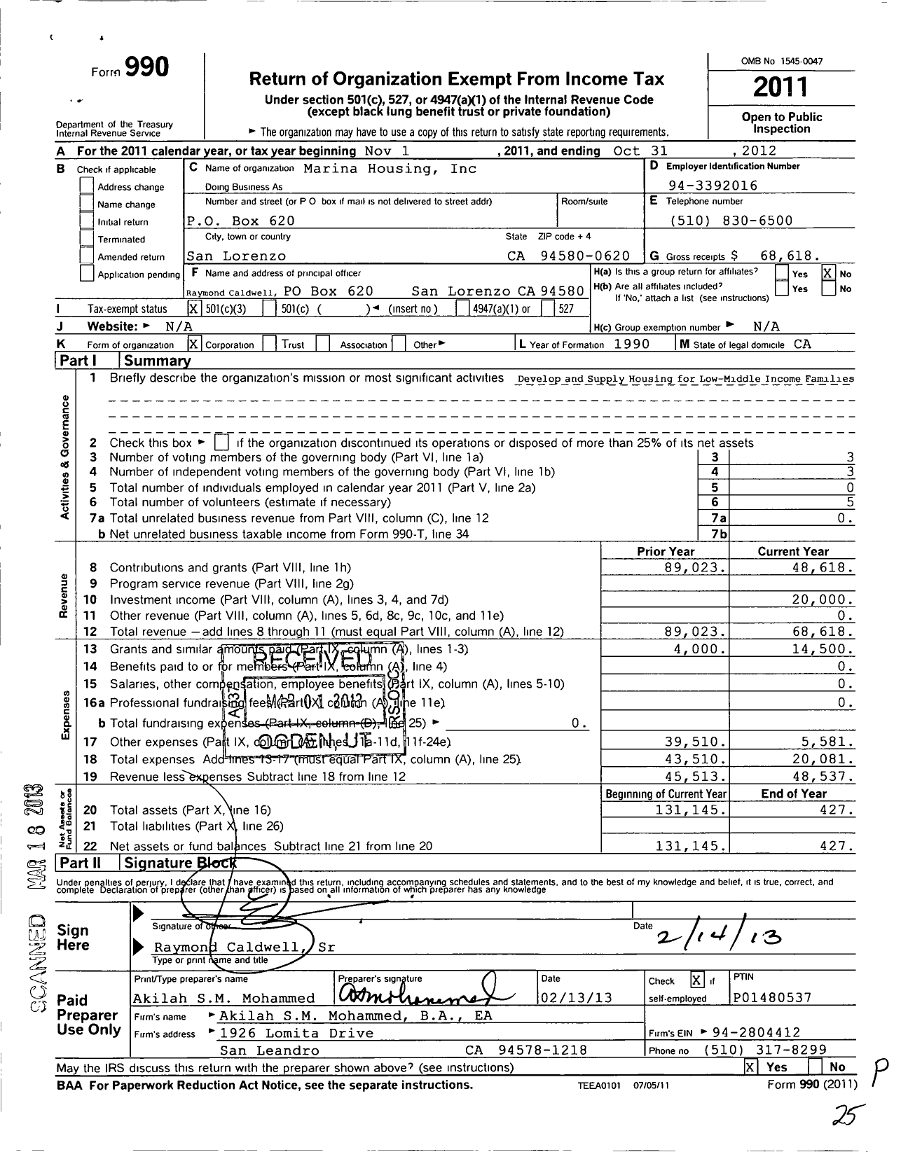 Image of first page of 2011 Form 990 for Marina Housing