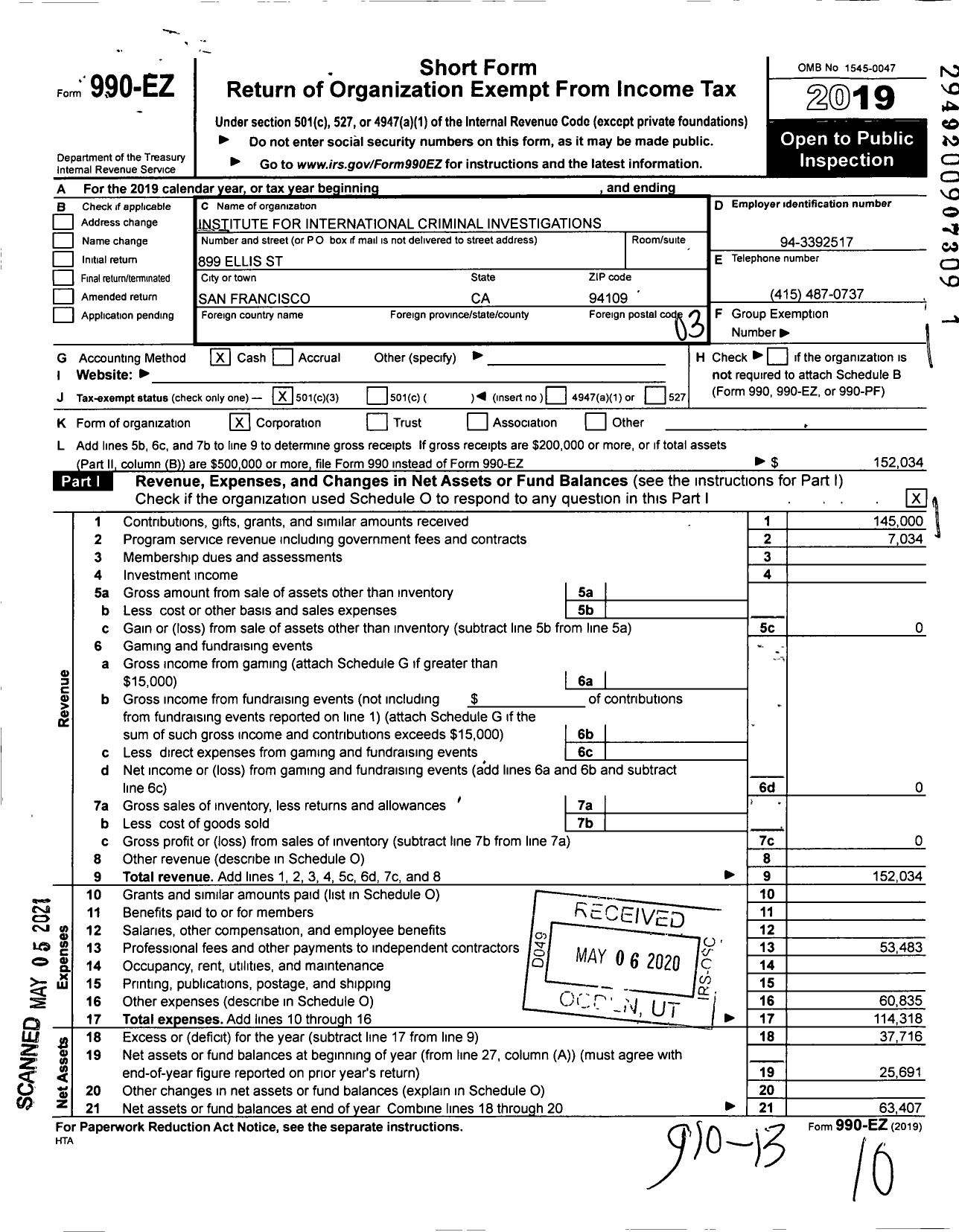 Image of first page of 2019 Form 990EZ for Institute for International Criminal Investigations